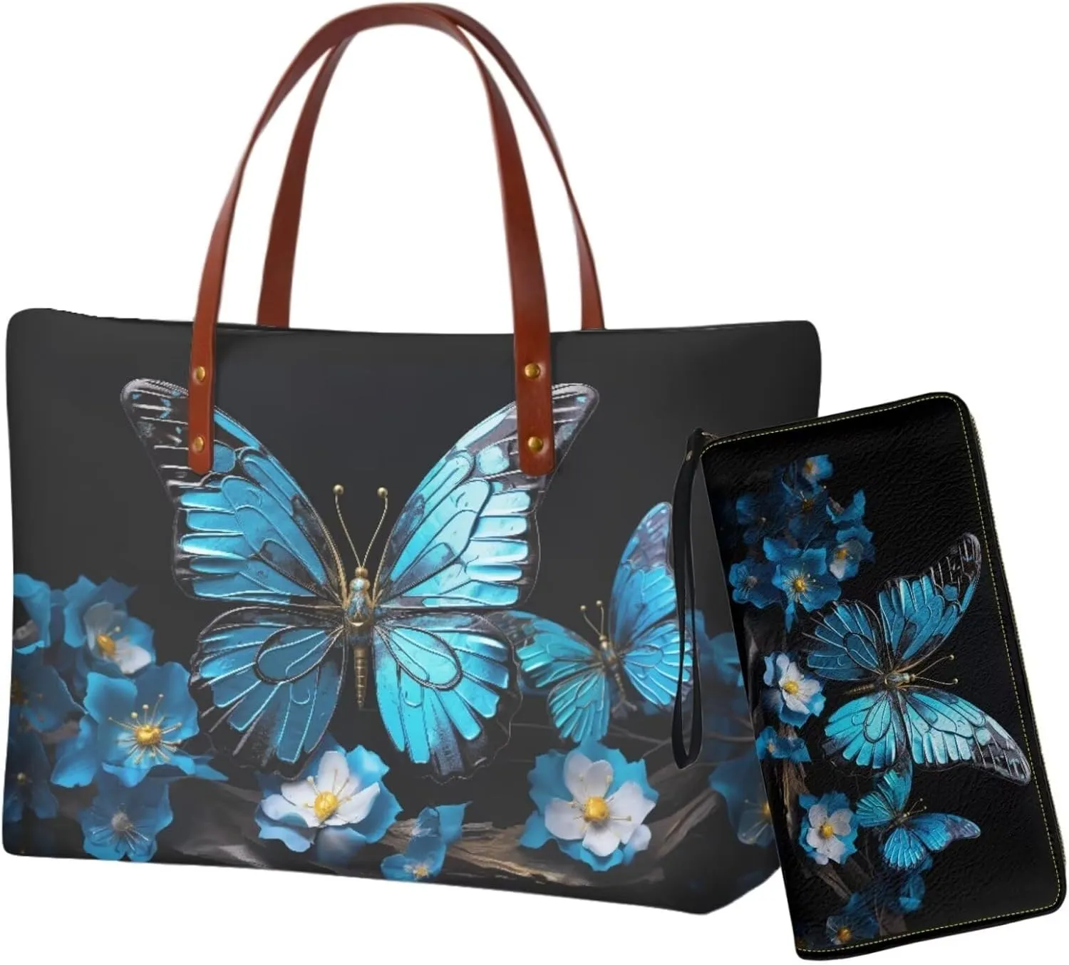 2 Pcs Women Handbag Set Tote Bag Large Shoulder Bag Top Handle Purse PU Wallet Set for Work Shopping Travel