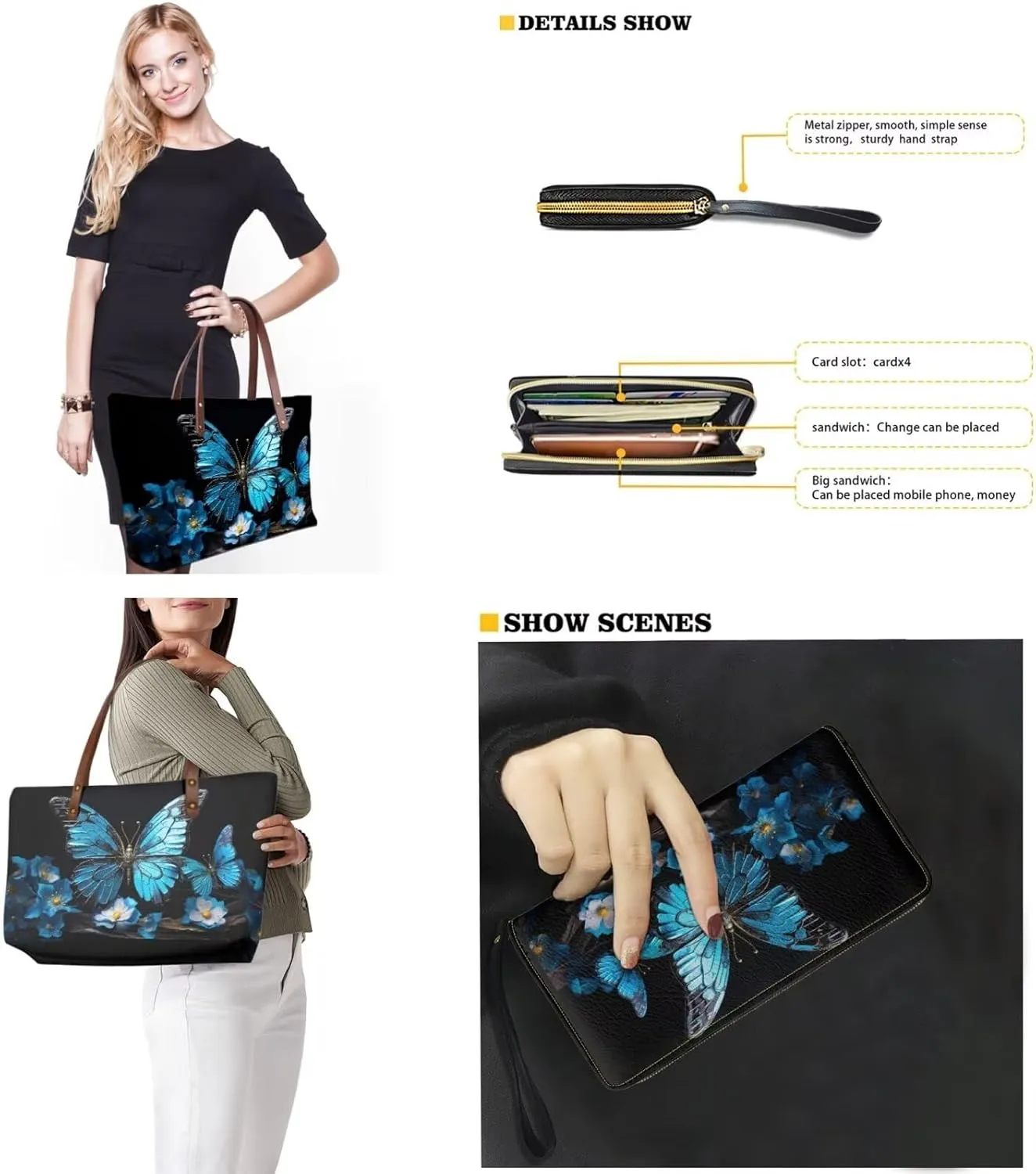 2 Pcs Women Handbag Set Tote Bag Large Shoulder Bag Top Handle Purse PU Wallet Set for Work Shopping Travel