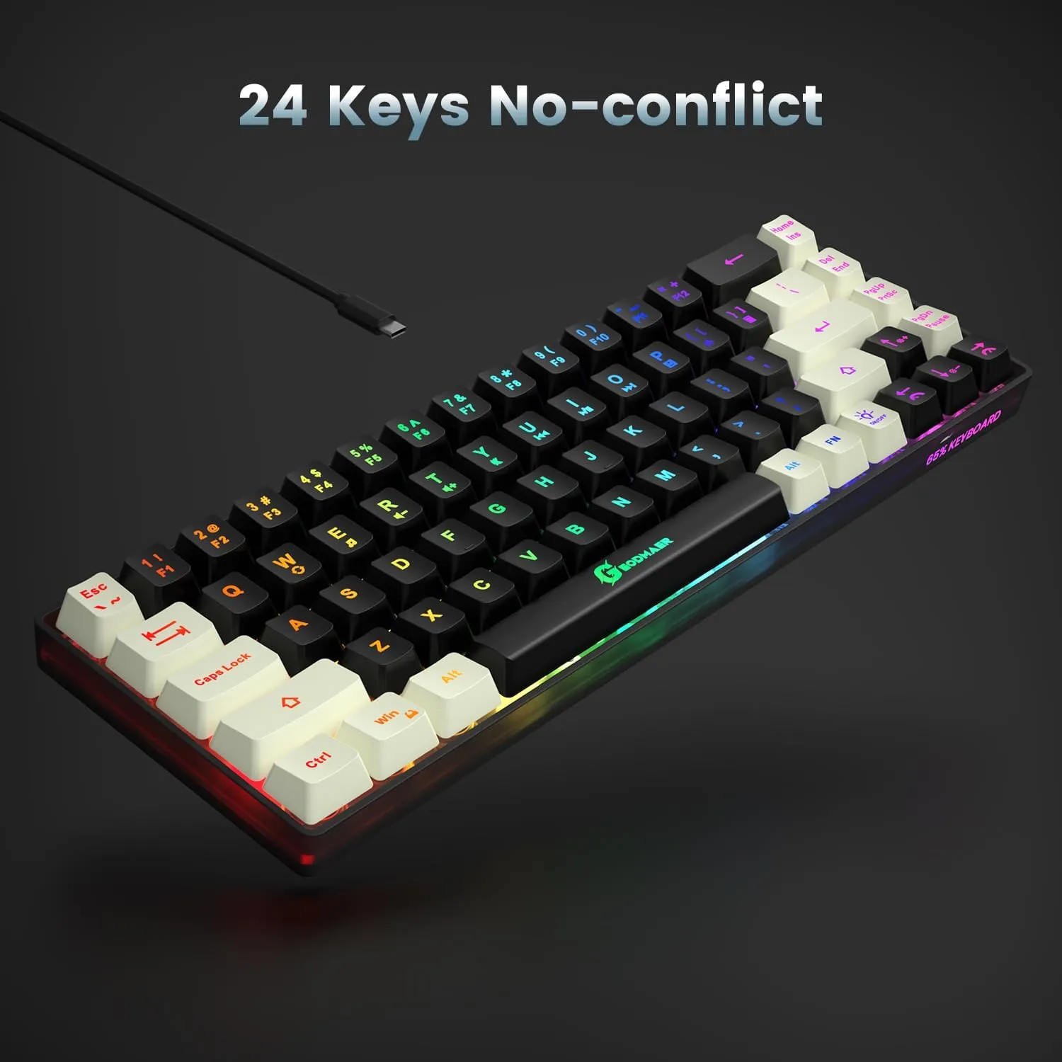 65% Gaming Keyboard, LED Backlit Mini Wired Keyboard, Ultra-Compact Anti-Ghosting No-Conflict 68 Keys Membrane Gaming Wired Keyboard for PC Laptop Windows Gamer(Black-White)