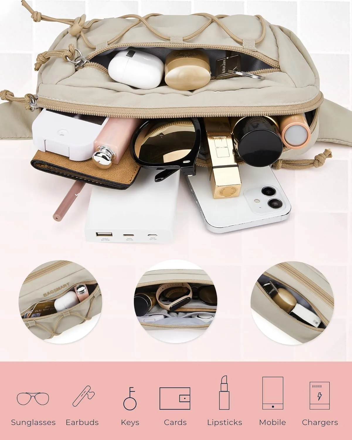 BAGSMART Fanny Packs for Women Small Belt Bag with Adjustable Strap Waist Pack for Running Workout Traveling Hiking, Beige