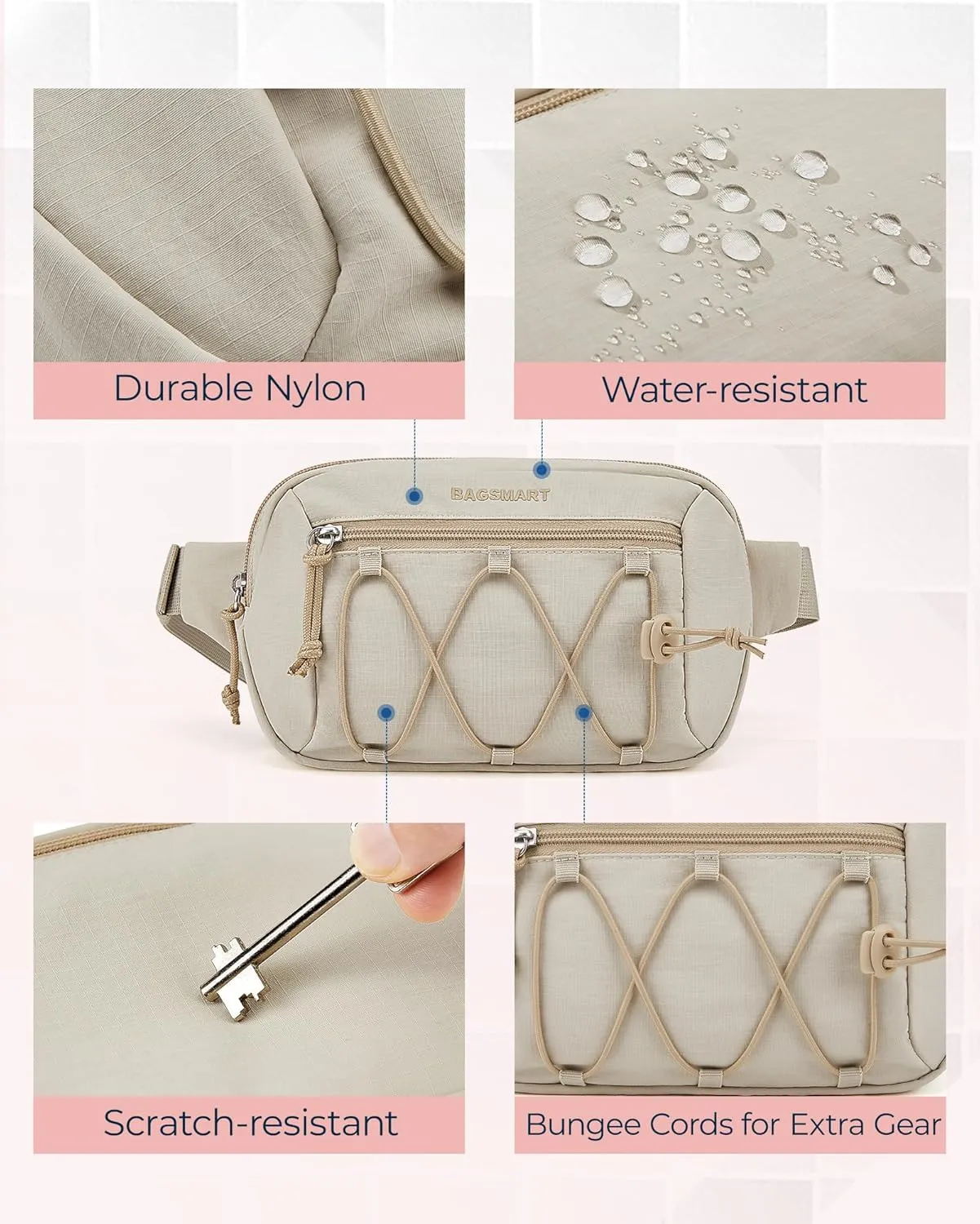 BAGSMART Fanny Packs for Women Small Belt Bag with Adjustable Strap Waist Pack for Running Workout Traveling Hiking, Beige
