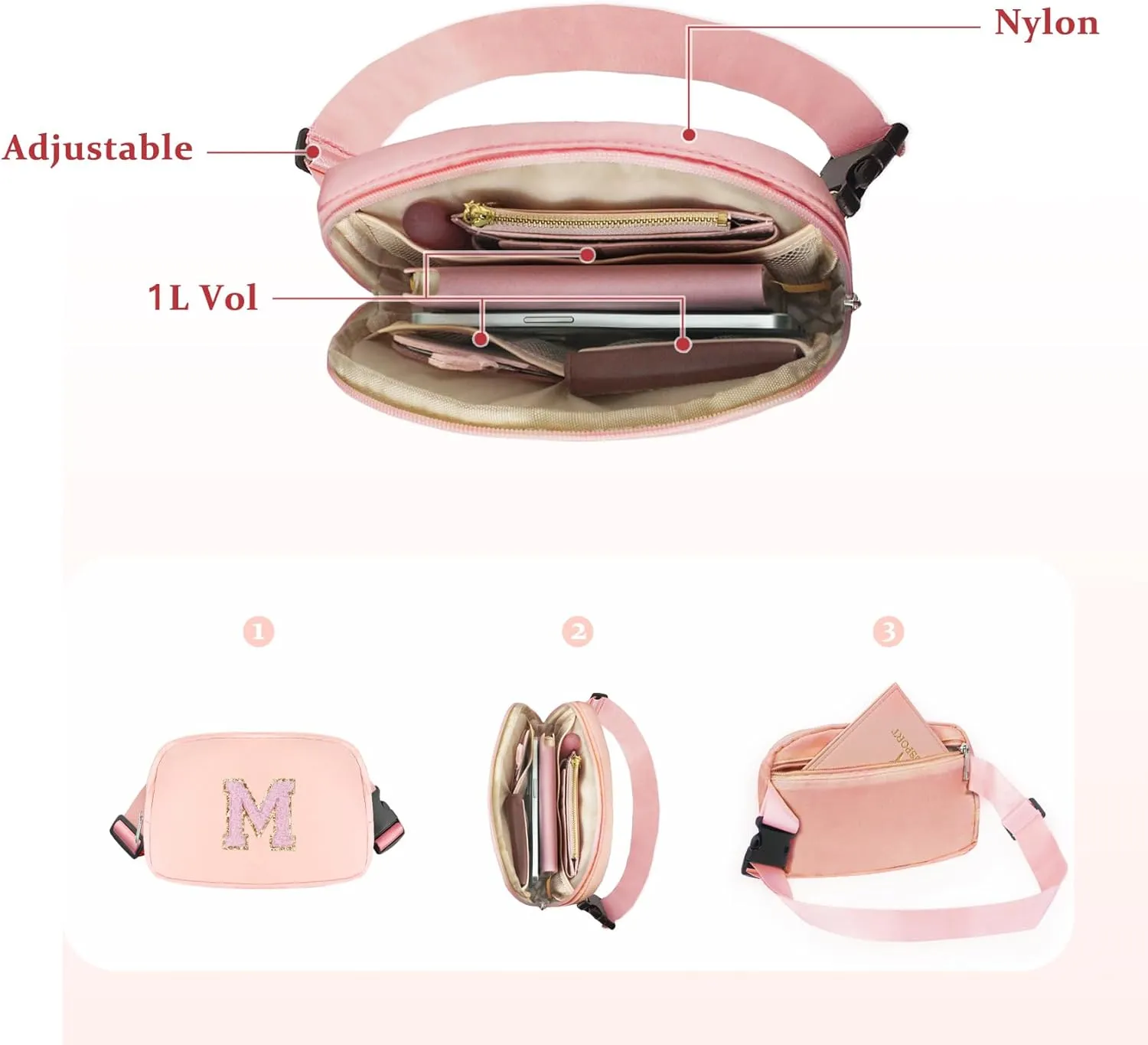 Belt Bag Crossbody bag Waist Bag Chenille Initial Bum Bag for Women,Waterproof Fanny Pack with Adjustable Strap for Purse Travel Daughter Christmas Thanksgiving Gifts(Pink Y)