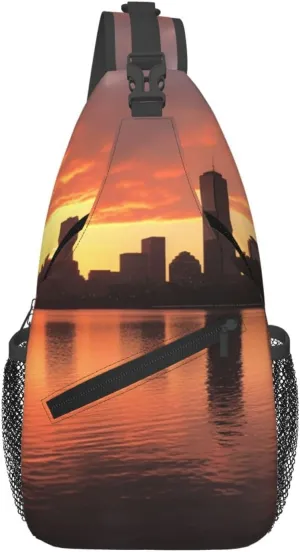 Boston Charles River City Skyline Sunset Cross Chest Bag Diagonally Sling Backpack Outdoor Travel Cycling Bag for Men Women