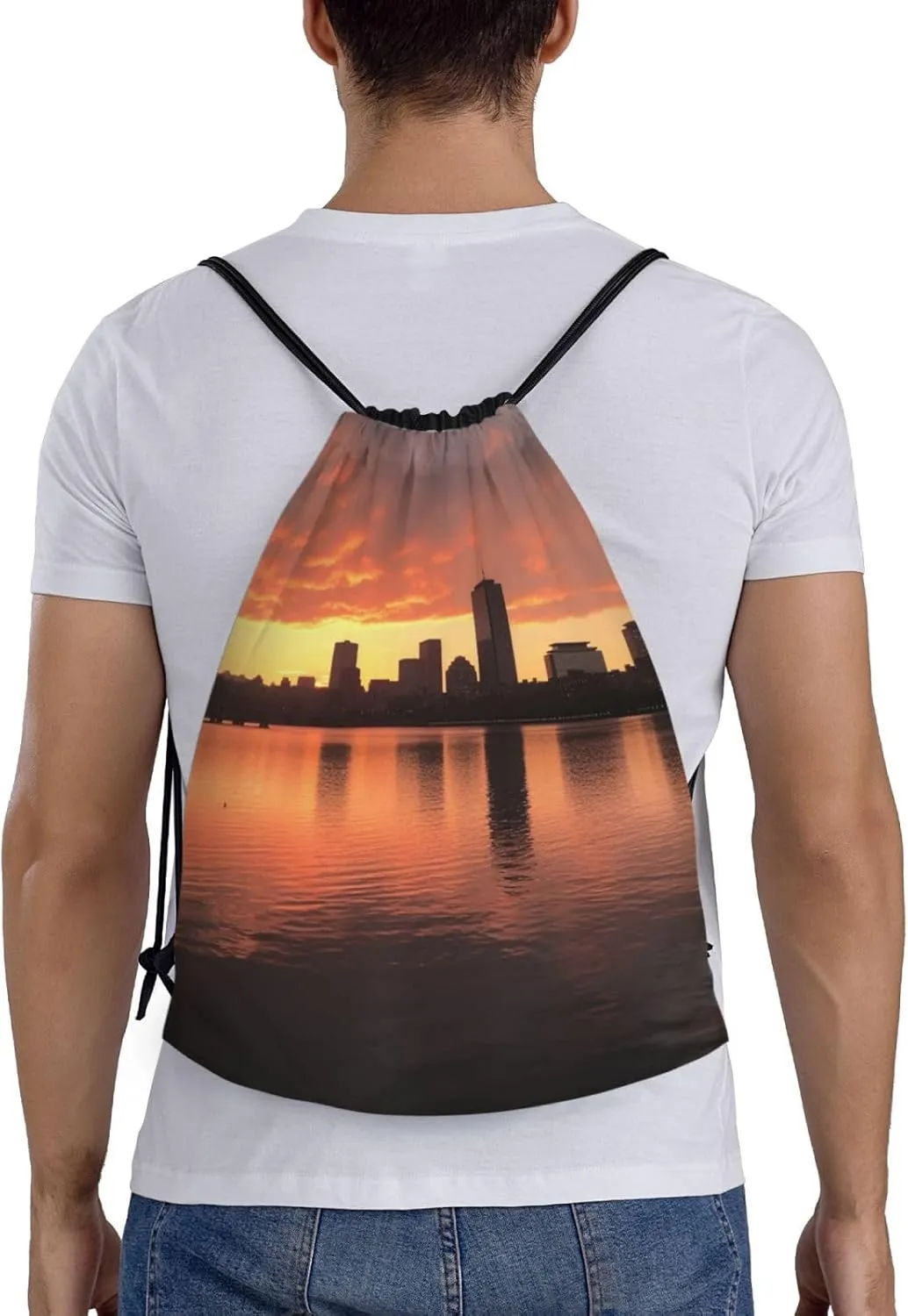 Boston Charles River City Skyline Sunset Drawstring Backpack for Men Women Sports Sackpack Waterproof Gym Sack Draw String Cinch Bags Medium