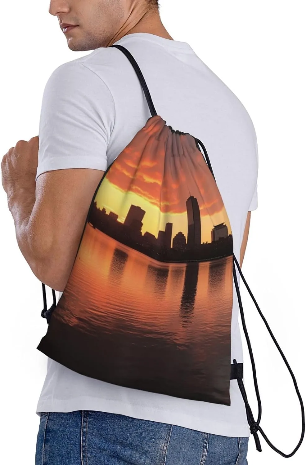 Boston Charles River City Skyline Sunset Drawstring Backpack for Men Women Sports Sackpack Waterproof Gym Sack Draw String Cinch Bags Medium