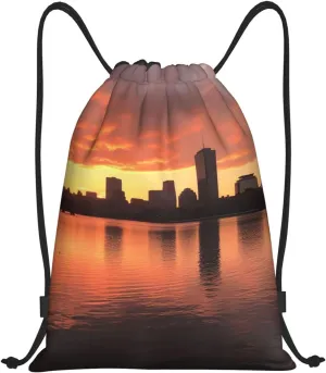 Boston Charles River City Skyline Sunset Drawstring Backpack for Men Women Sports Sackpack Waterproof Gym Sack Draw String Cinch Bags Medium