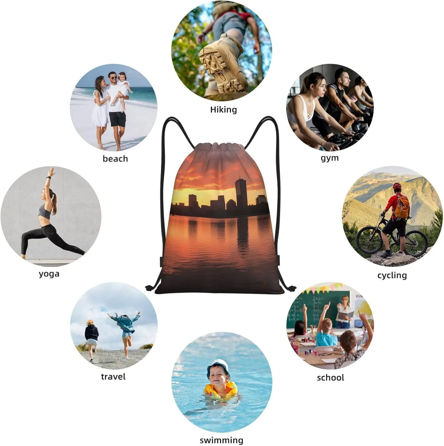 Boston Charles River City Skyline Sunset Drawstring Backpack for Men Women Sports Sackpack Waterproof Gym Sack Draw String Cinch Bags Medium