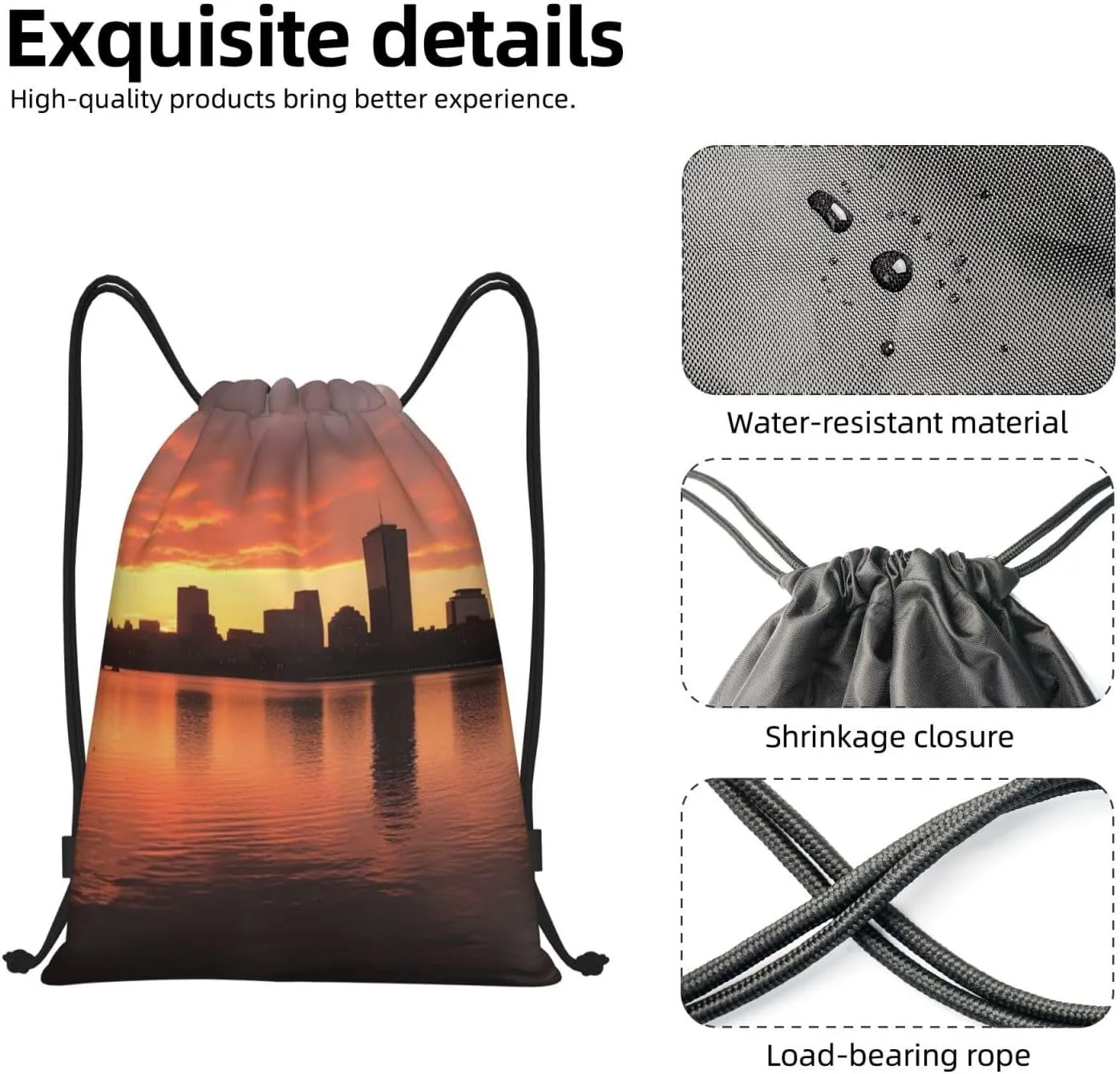 Boston Charles River City Skyline Sunset Drawstring Backpack for Men Women Sports Sackpack Waterproof Gym Sack Draw String Cinch Bags Medium