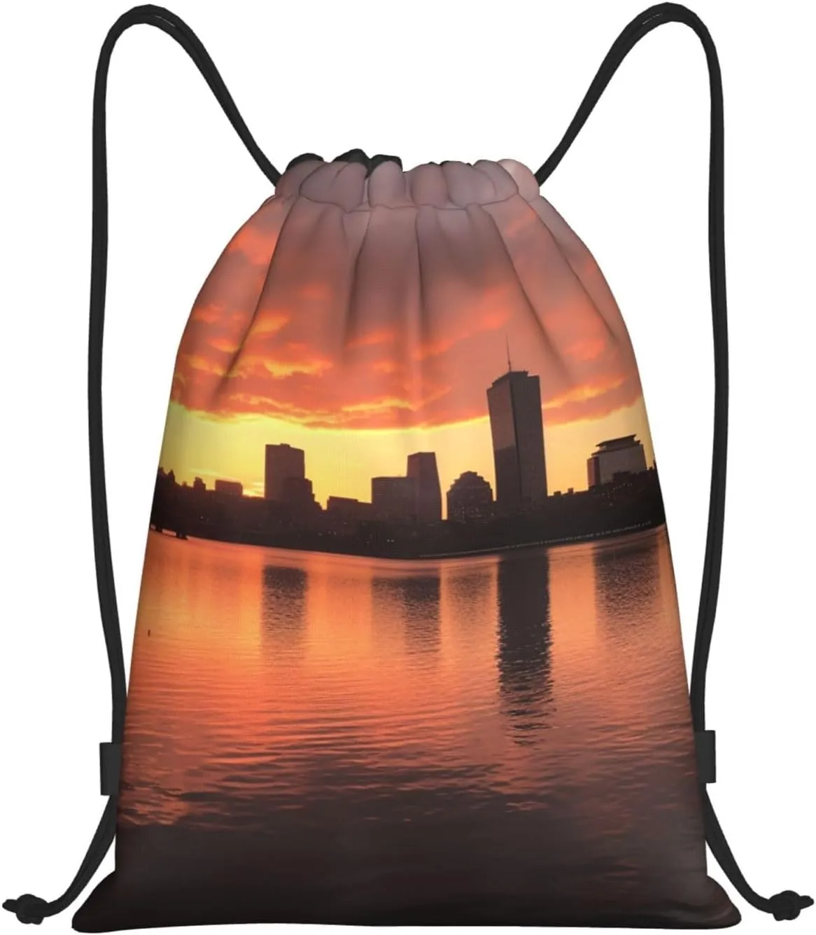 Boston Charles River City Skyline Sunset Drawstring Backpack for Men Women Sports Sackpack Waterproof Gym Sack Draw String Cinch Bags Medium