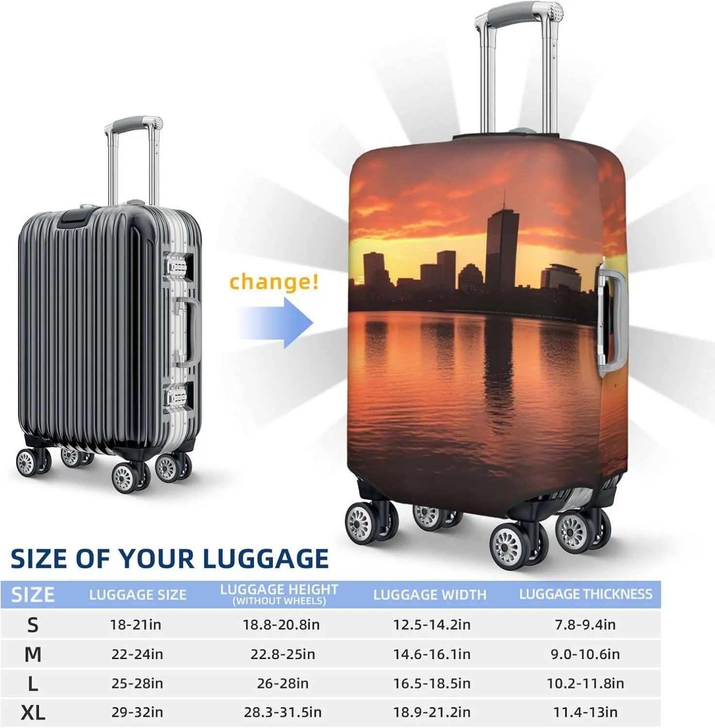 Boston Charles River City Skyline Sunset Luggage Cover for Suitcase Tsa Approved, Spandex Stretch Suitcase Protector Washable Baggage Covers Travel Luggage Sleeve Large Suit Case Cover Fit 18-32 Inch