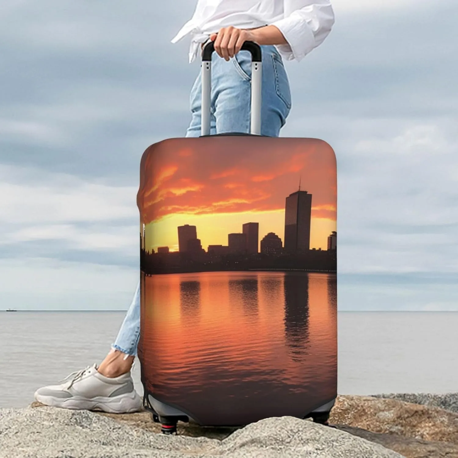Boston Charles River City Skyline Sunset Luggage Cover for Suitcase Tsa Approved, Spandex Stretch Suitcase Protector Washable Baggage Covers Travel Luggage Sleeve Large Suit Case Cover Fit 18-32 Inch