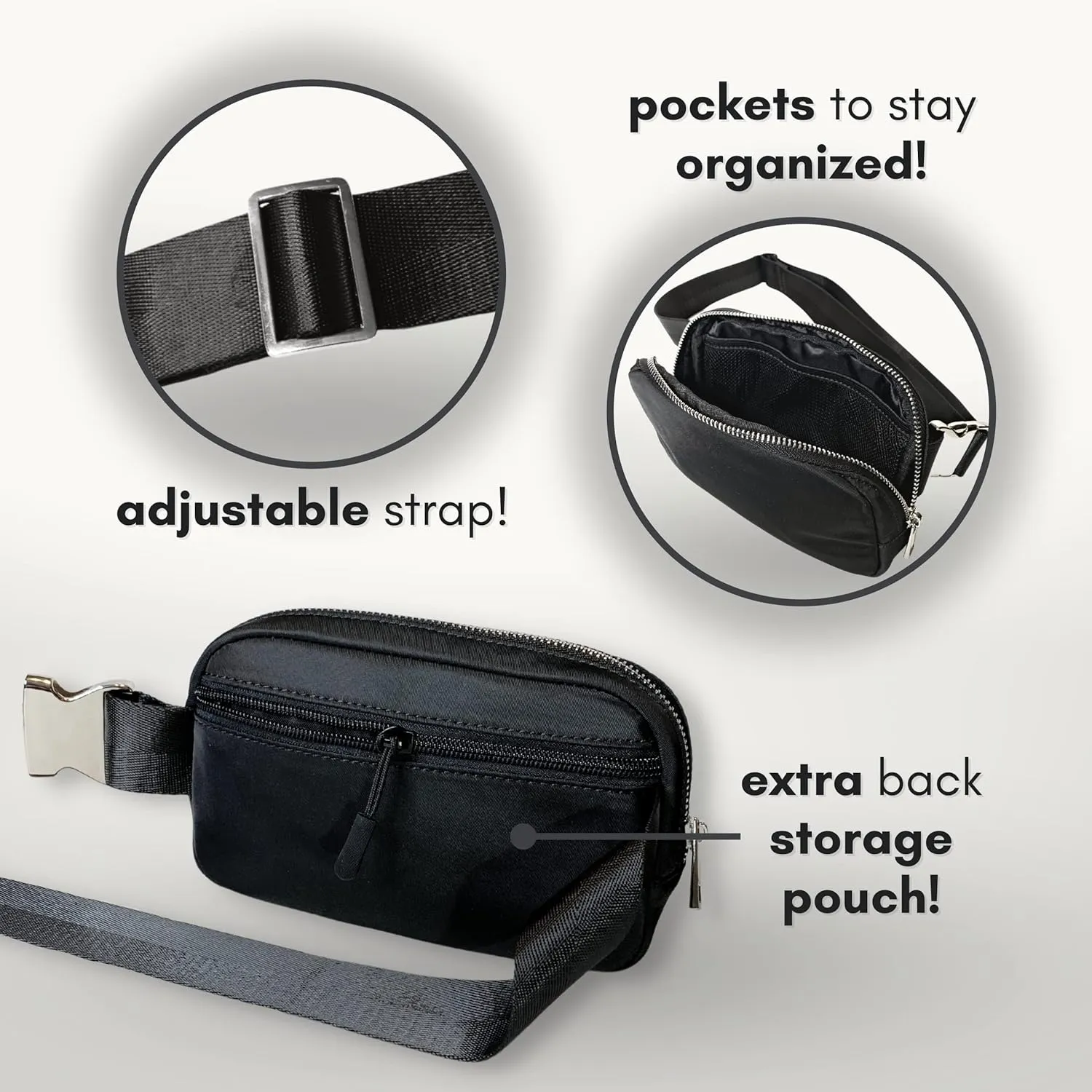 Boutique Belt Bag | Crossbody Fanny Pack for Women Fashionable | Cute Mini Everywhere Bum Hip Waist Pack | Fashion Travel Chest Bag | Silver Accessories | Adjustable Small Strap | Black