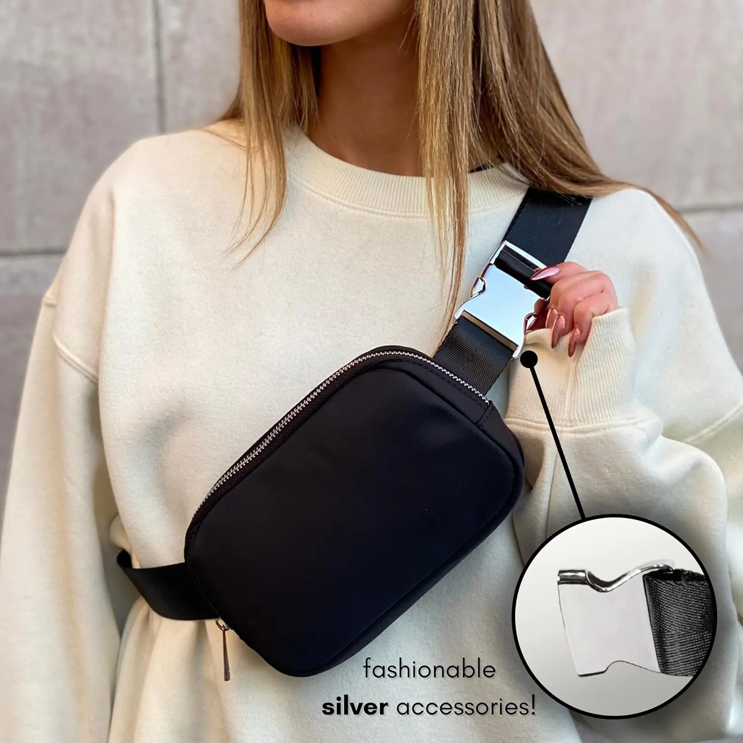 Boutique Belt Bag | Crossbody Fanny Pack for Women Fashionable | Cute Mini Everywhere Bum Hip Waist Pack | Fashion Travel Chest Bag | Silver Accessories | Adjustable Small Strap | Black