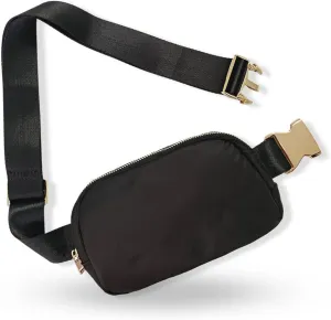 Boutique Belt Bag | Crossbody Fanny Pack for Women Fashionable | Cute Mini Everywhere Bum Hip Waist Pack | Small Fashion Travel Chest Bag | Gold Accessories | Adjustable Small Strap | Black
