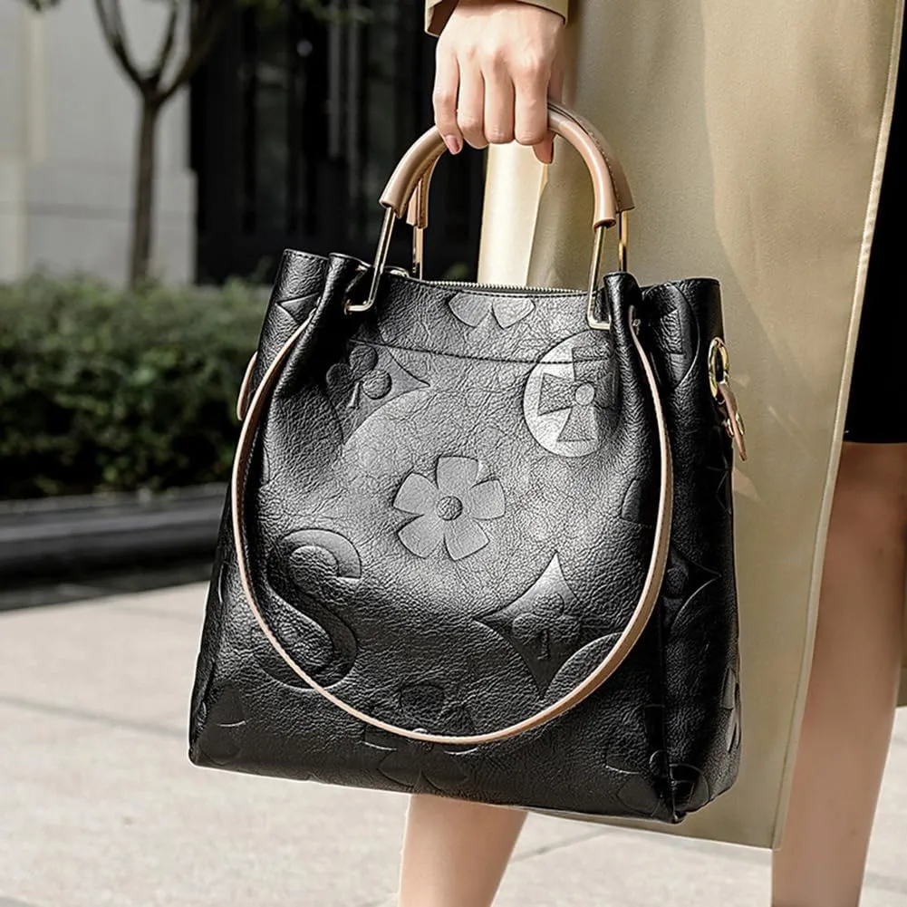 Bucket Bag for Women,Floral Embossed Tote Bag Trendy Vintage Crossbody Bag Large Vegan Leather Hobo Shoulder Handbag