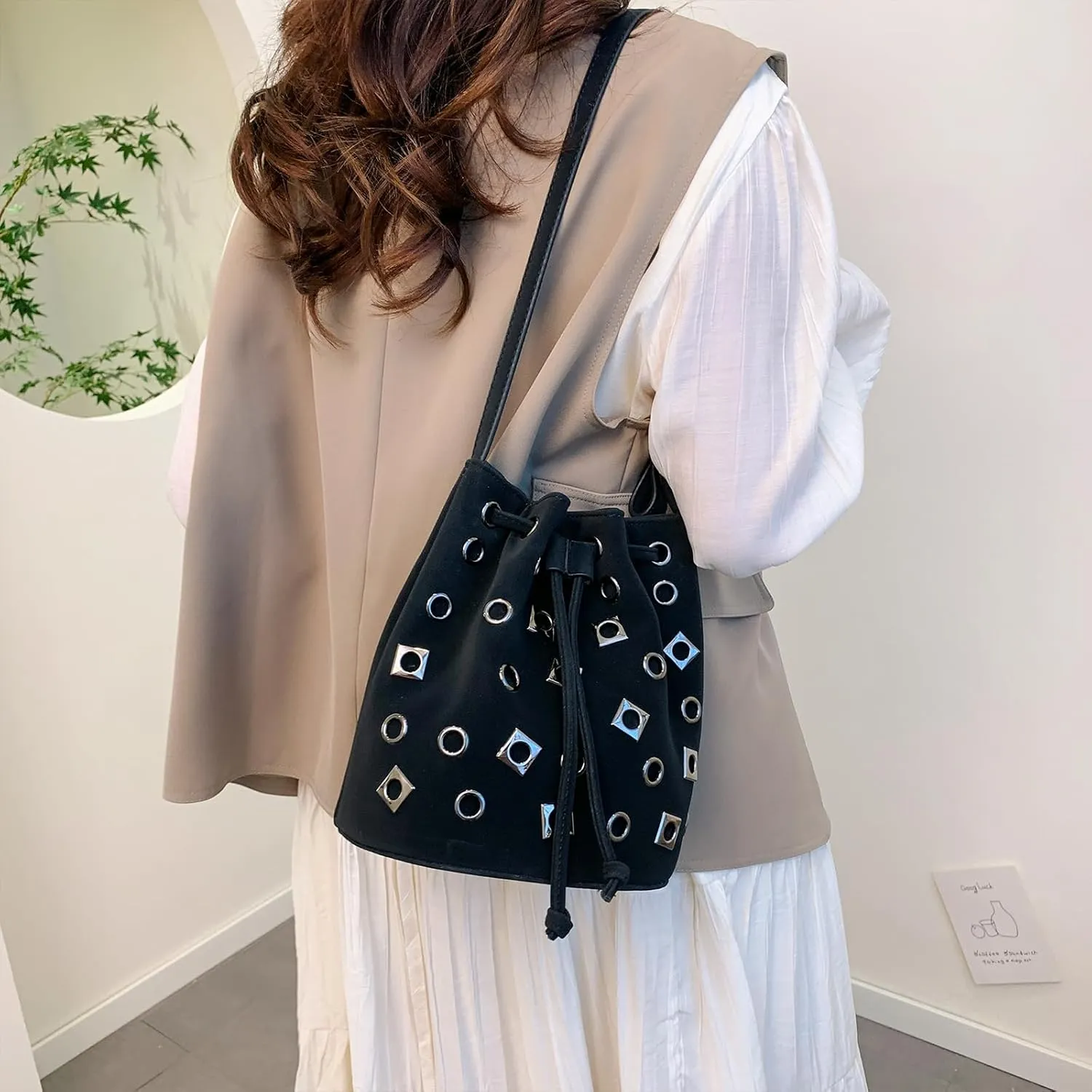 Bucket Bags for Women, Studded Purse Mini Leather Hobo Bag Y2K Trendy Studded Crossbody Bucket Handbags