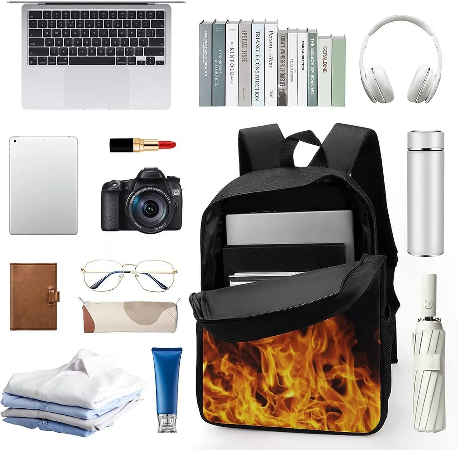 Burning Fire Flame on Black Lightweight And Large Capacity Casual Backpack Unisex