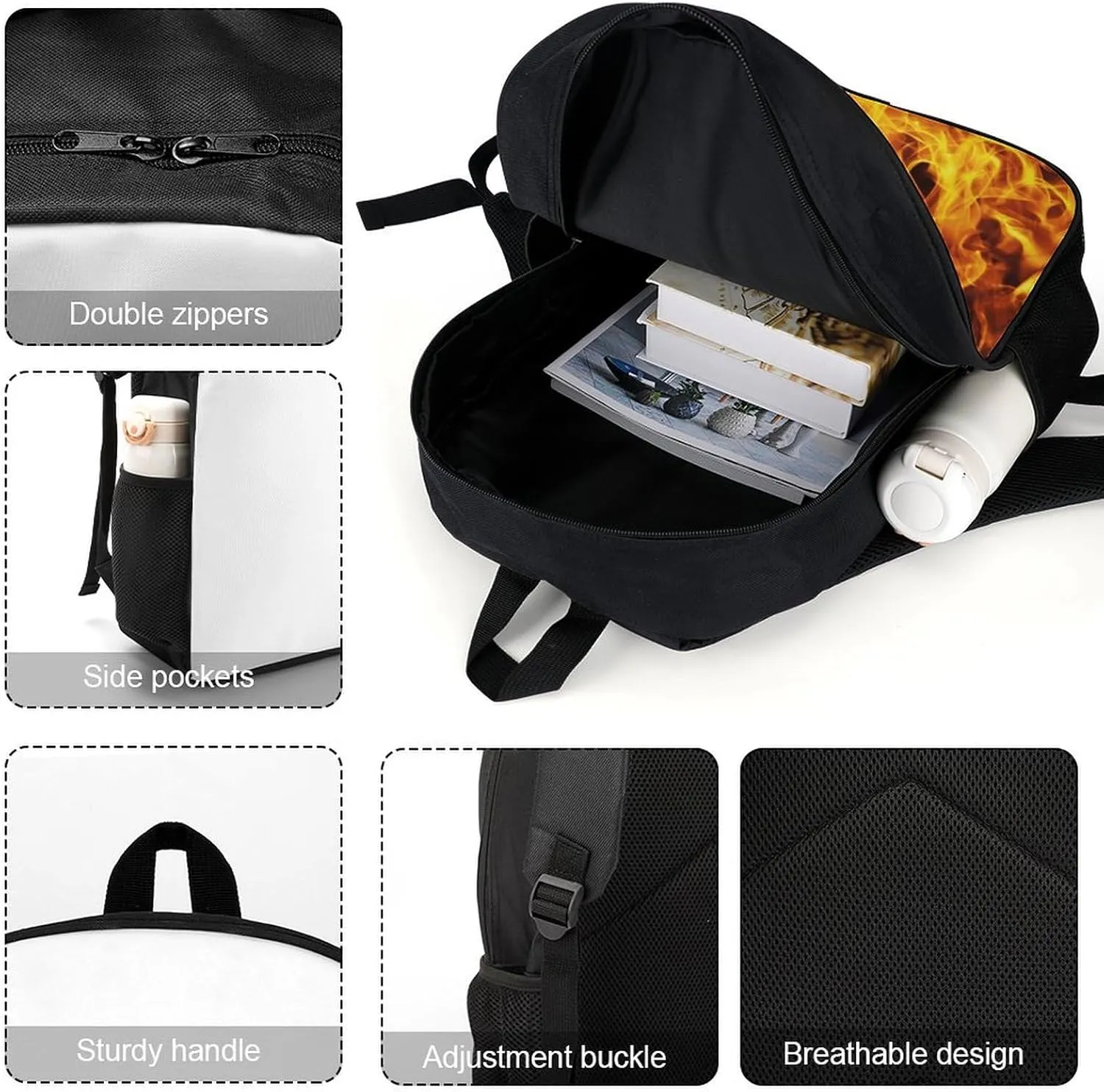 Burning Fire Flame on Black Lightweight And Large Capacity Casual Backpack Unisex
