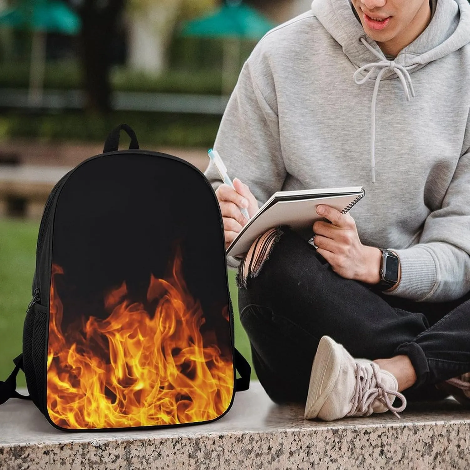 Burning Fire Flame on Black Lightweight And Large Capacity Casual Backpack Unisex