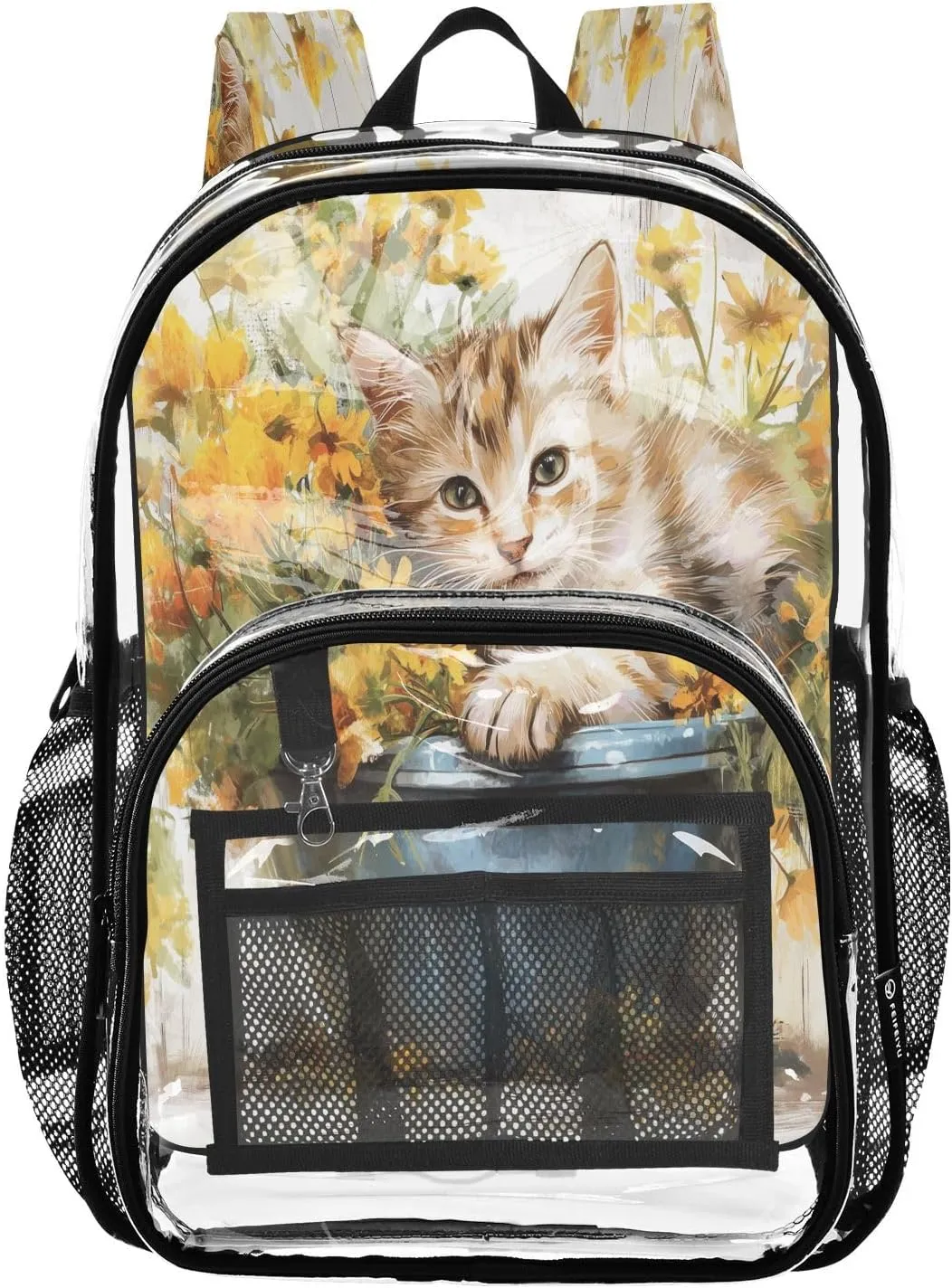 Cat Sitting Old Blue Bucket Flowers Clear Backpack Boy Girl Kids Heavy Duty PVC Transparent Bookbag School Bag with Multiple Compartments