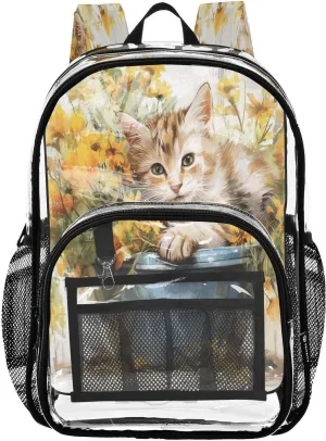Cat Sitting Old Blue Bucket Flowers Clear Backpack Boy Girl Kids Heavy Duty PVC Transparent Bookbag School Bag with Multiple Compartments