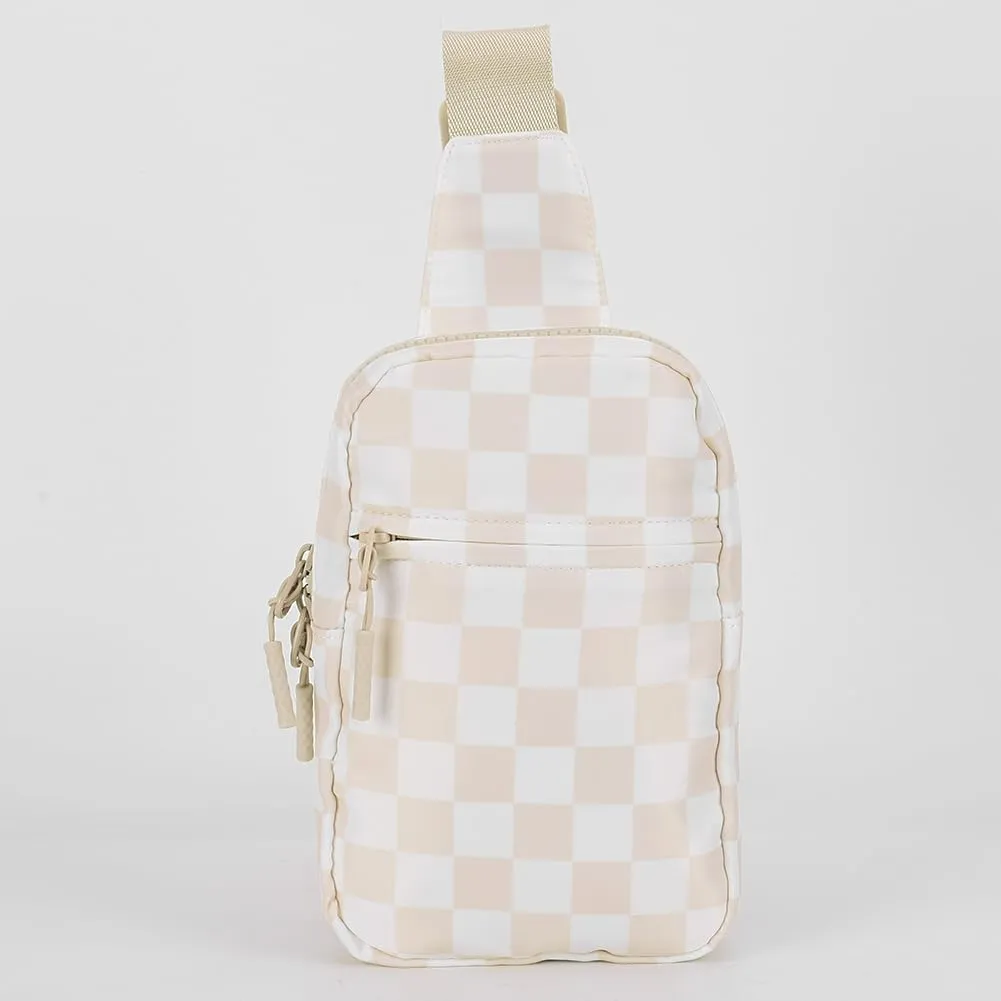 Checkered Sling Bag for Women, Checkered Crossbody Bags Small Chest Bag Trendy Waist Bag Fanny Packs for Men and Women (BEIGE)