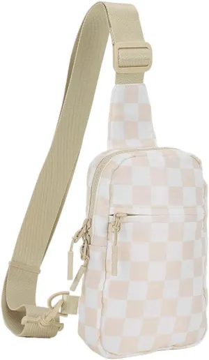 Checkered Sling Bag for Women, Checkered Crossbody Bags Small Chest Bag Trendy Waist Bag Fanny Packs for Men and Women (BEIGE)