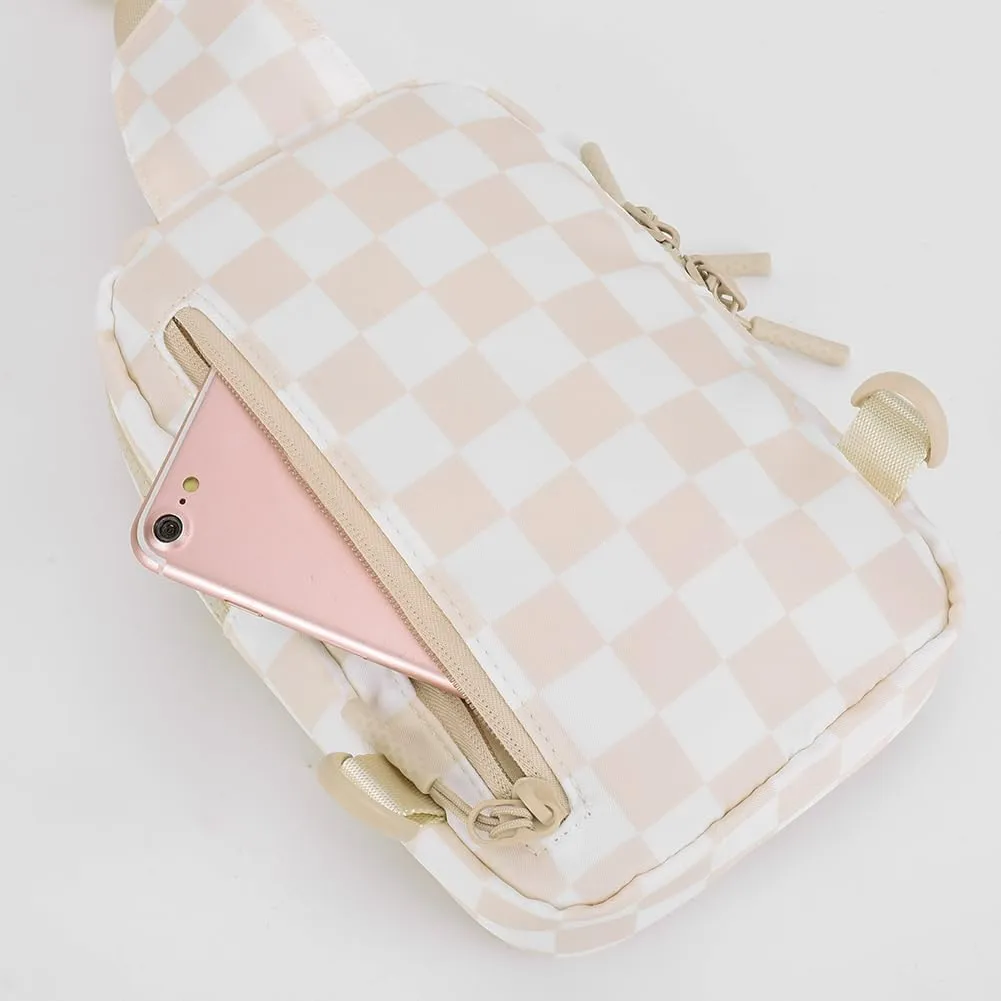 Checkered Sling Bag for Women, Checkered Crossbody Bags Small Chest Bag Trendy Waist Bag Fanny Packs for Men and Women (BEIGE)