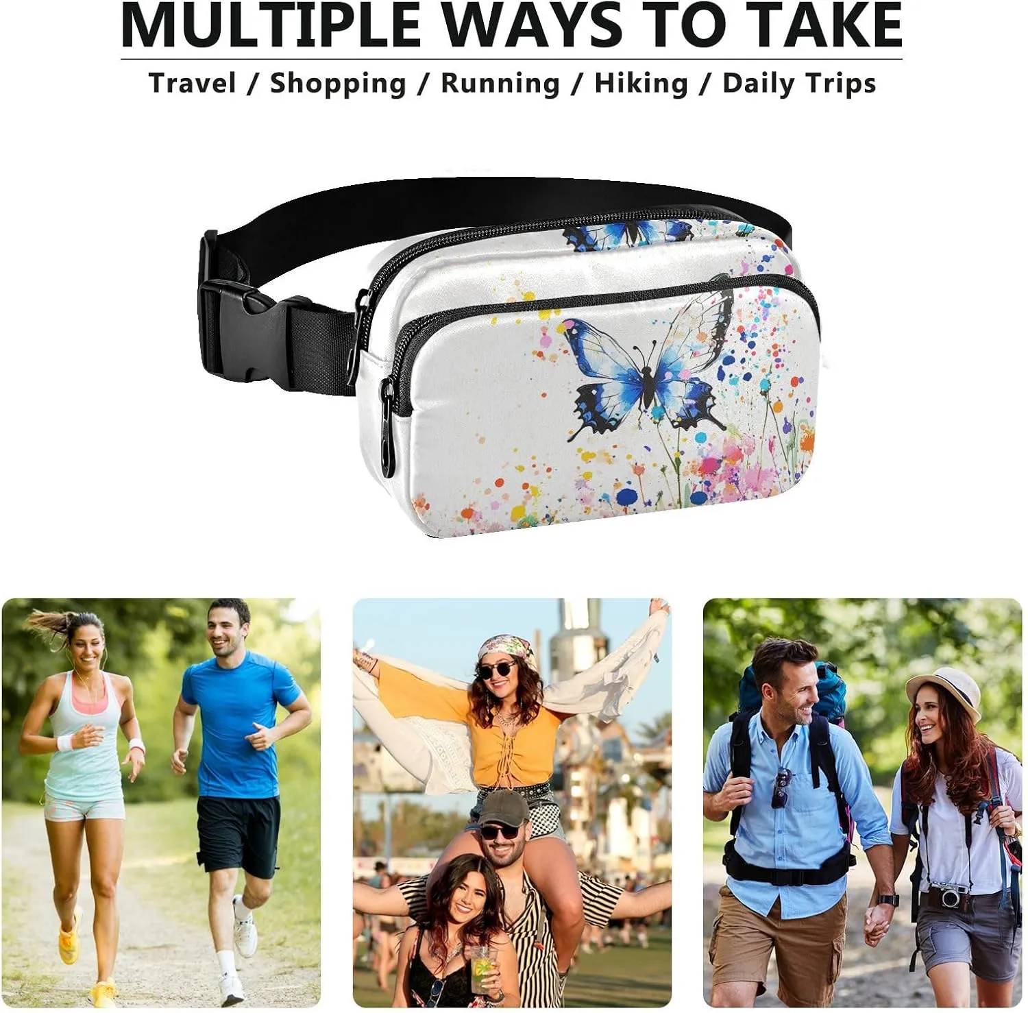 Chic Butterfly Stylish Waist Bag Fanny Pack for Women Men Teenagers Mini Cross Body Bag Belt Pack with Adjustable Strap for Travel Gym Work