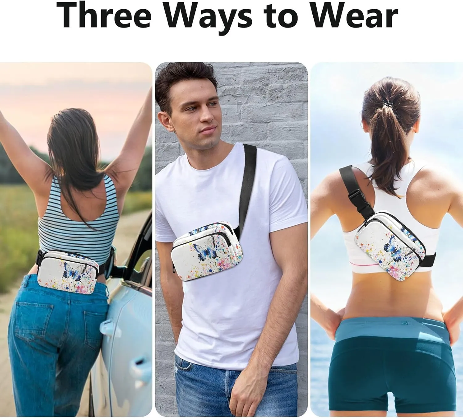 Chic Butterfly Stylish Waist Bag Fanny Pack for Women Men Teenagers Mini Cross Body Bag Belt Pack with Adjustable Strap for Travel Gym Work