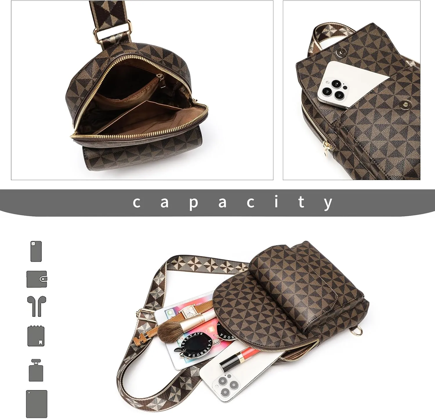 Crossbody Sling Bag for Women Fanny Pack with Adjustable Strap Large Opening Two-Way Zipper Closure Chest Bag Trendy Checkered Belt Bag for Daily Shopping Travel (Coffee brown)