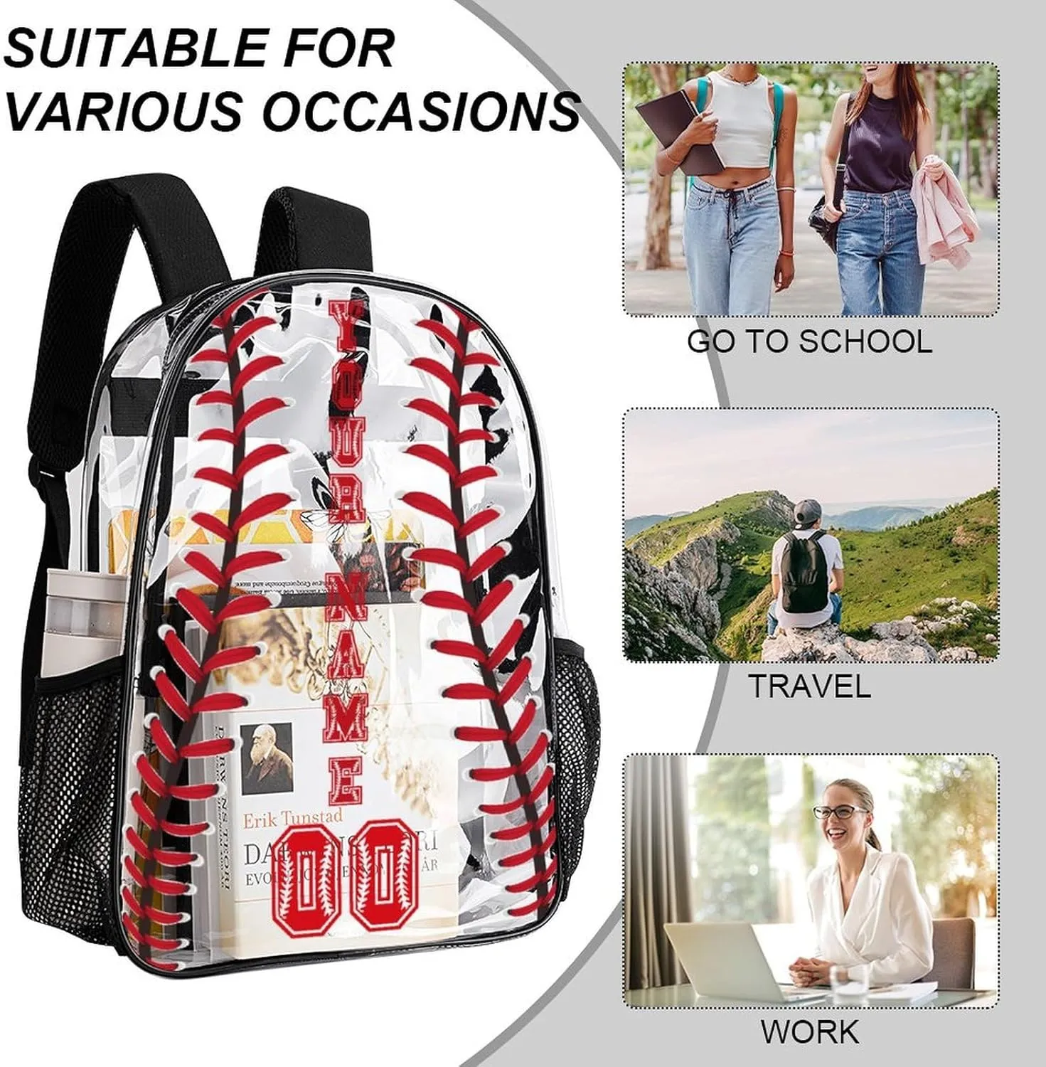 Custom Baseball Clear Backpack Heavy Duty for Girls Kids Boys Women Men - PVC Baseball Printing Transparent Backpack for Schools Stadium Concerts Work - Clear/Black