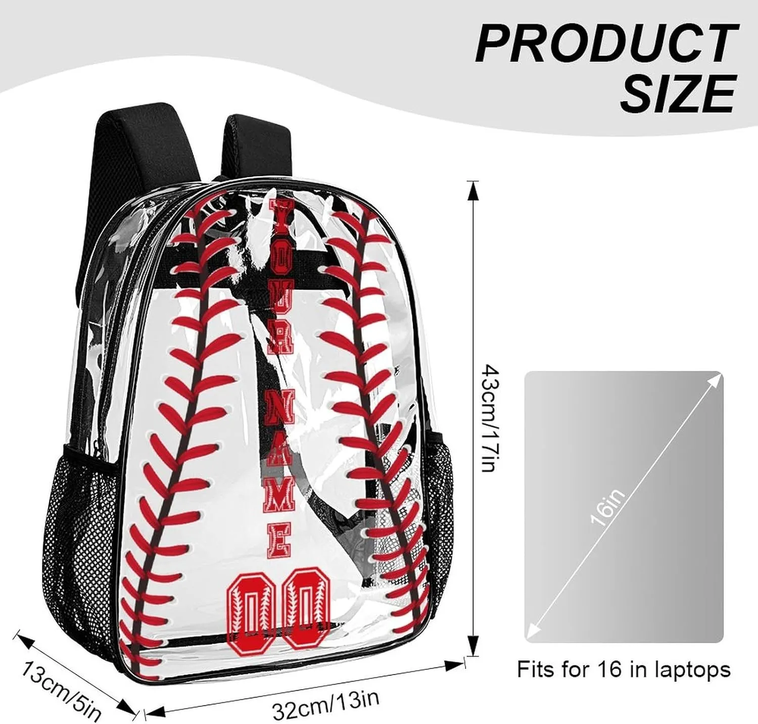 Custom Baseball Clear Backpack Heavy Duty for Girls Kids Boys Women Men - PVC Baseball Printing Transparent Backpack for Schools Stadium Concerts Work - Clear/Black