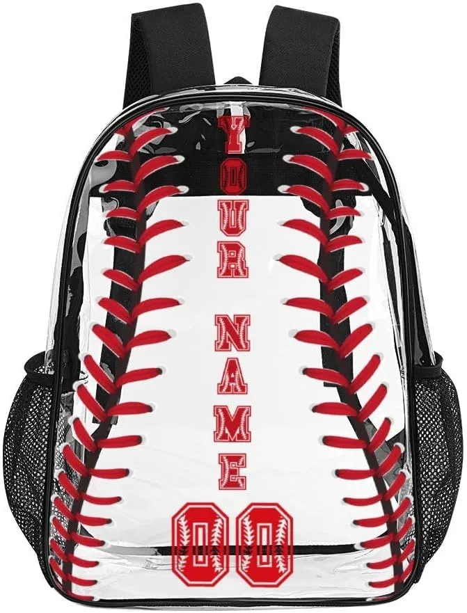 Custom Baseball Clear Backpack Heavy Duty for Girls Kids Boys Women Men - PVC Baseball Printing Transparent Backpack for Schools Stadium Concerts Work - Clear/Black