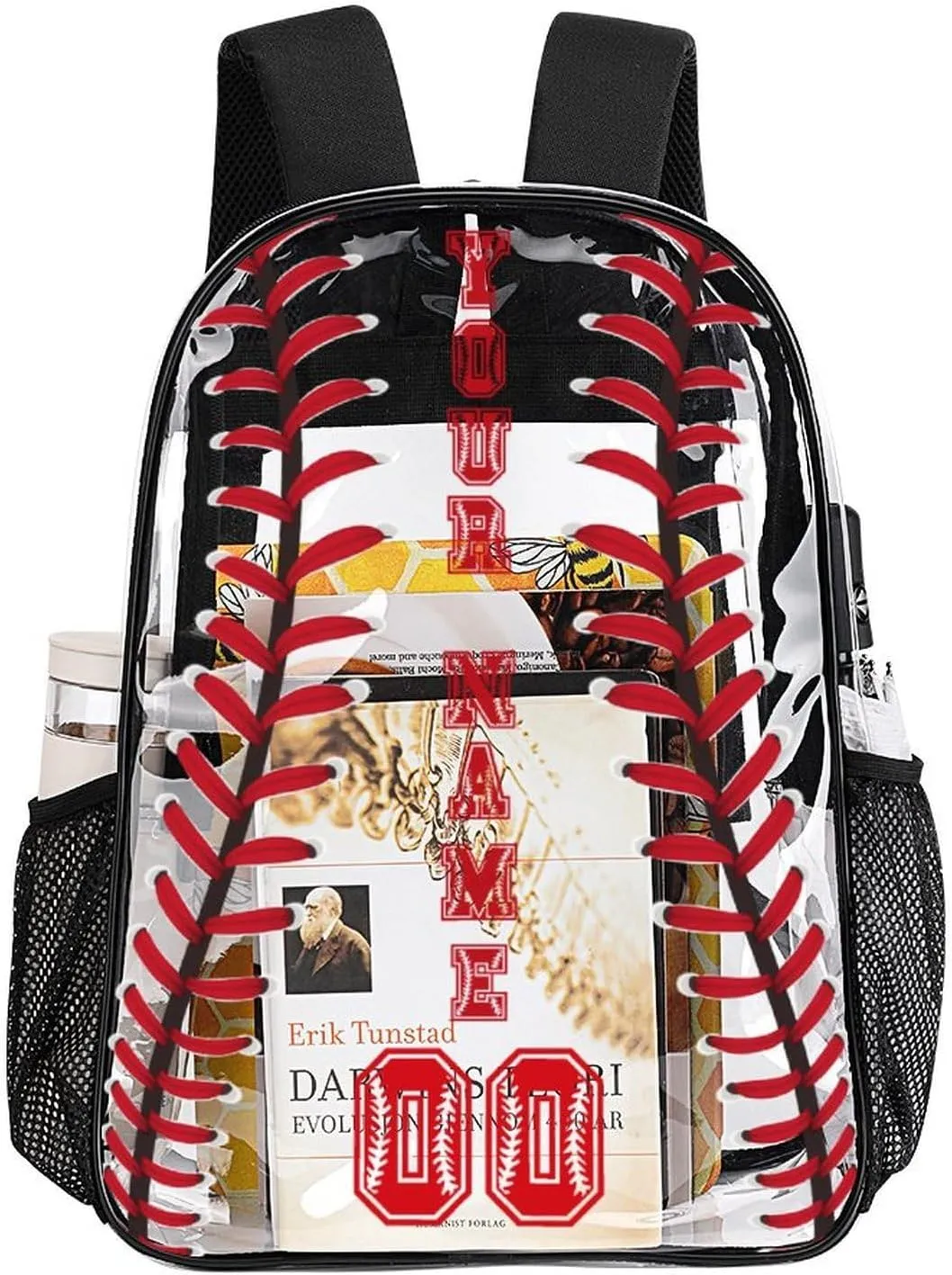 Custom Baseball Clear Backpack Heavy Duty for Girls Kids Boys Women Men - PVC Baseball Printing Transparent Backpack for Schools Stadium Concerts Work - Clear/Black