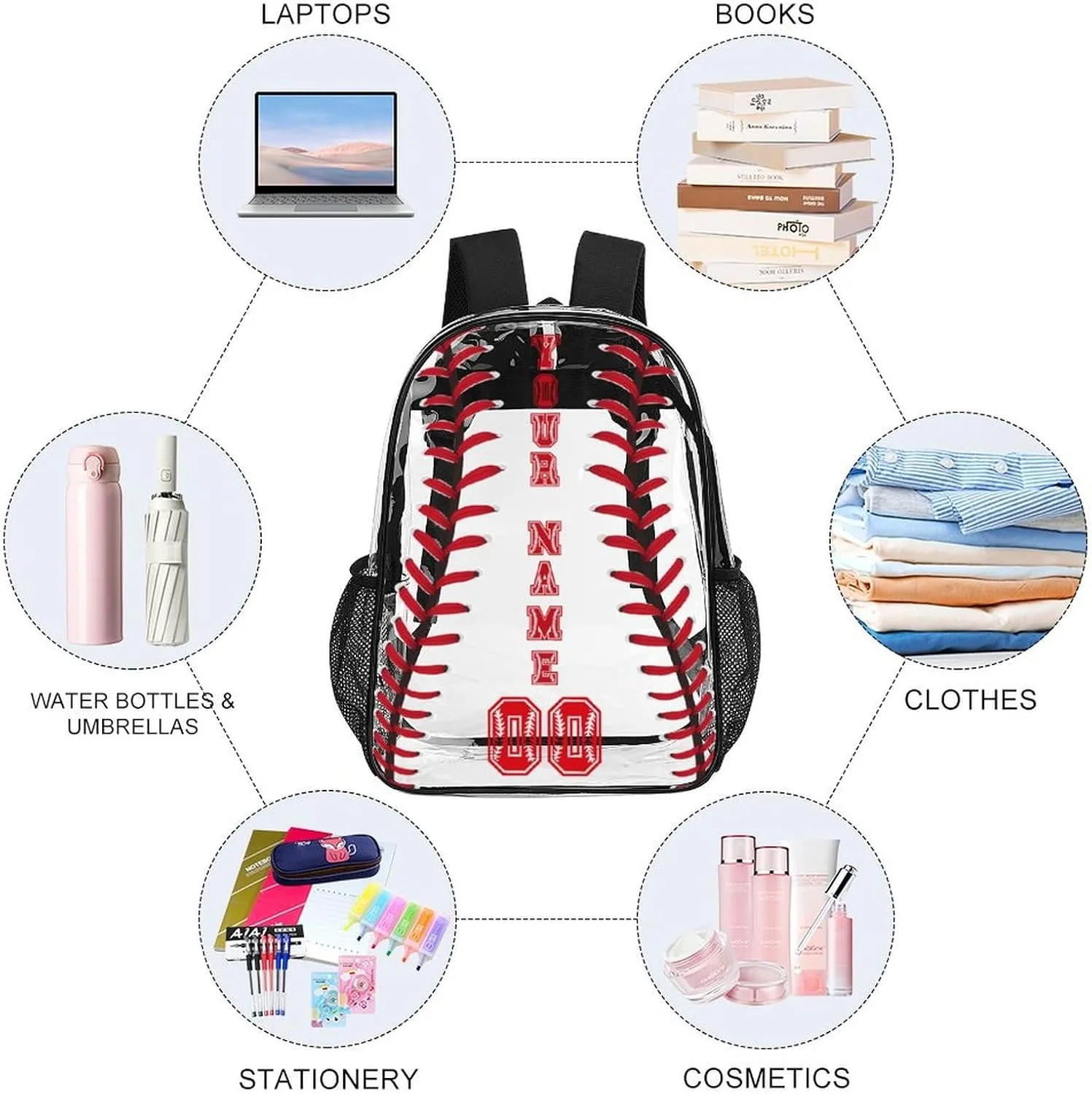 Custom Baseball Clear Backpack Heavy Duty for Girls Kids Boys Women Men - PVC Baseball Printing Transparent Backpack for Schools Stadium Concerts Work - Clear/Black
