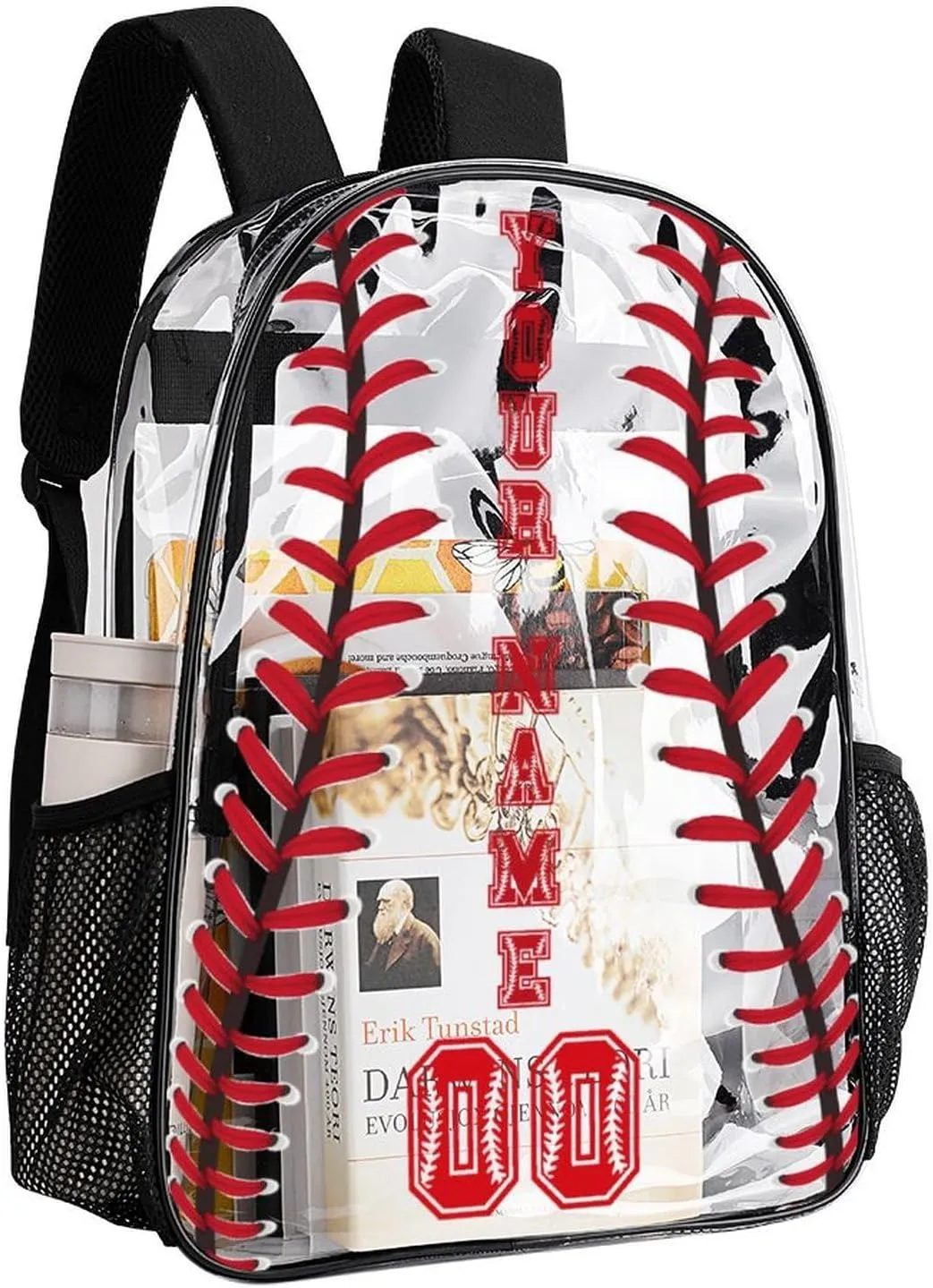 Custom Baseball Clear Backpack Heavy Duty for Girls Kids Boys Women Men - PVC Baseball Printing Transparent Backpack for Schools Stadium Concerts Work - Clear/Black