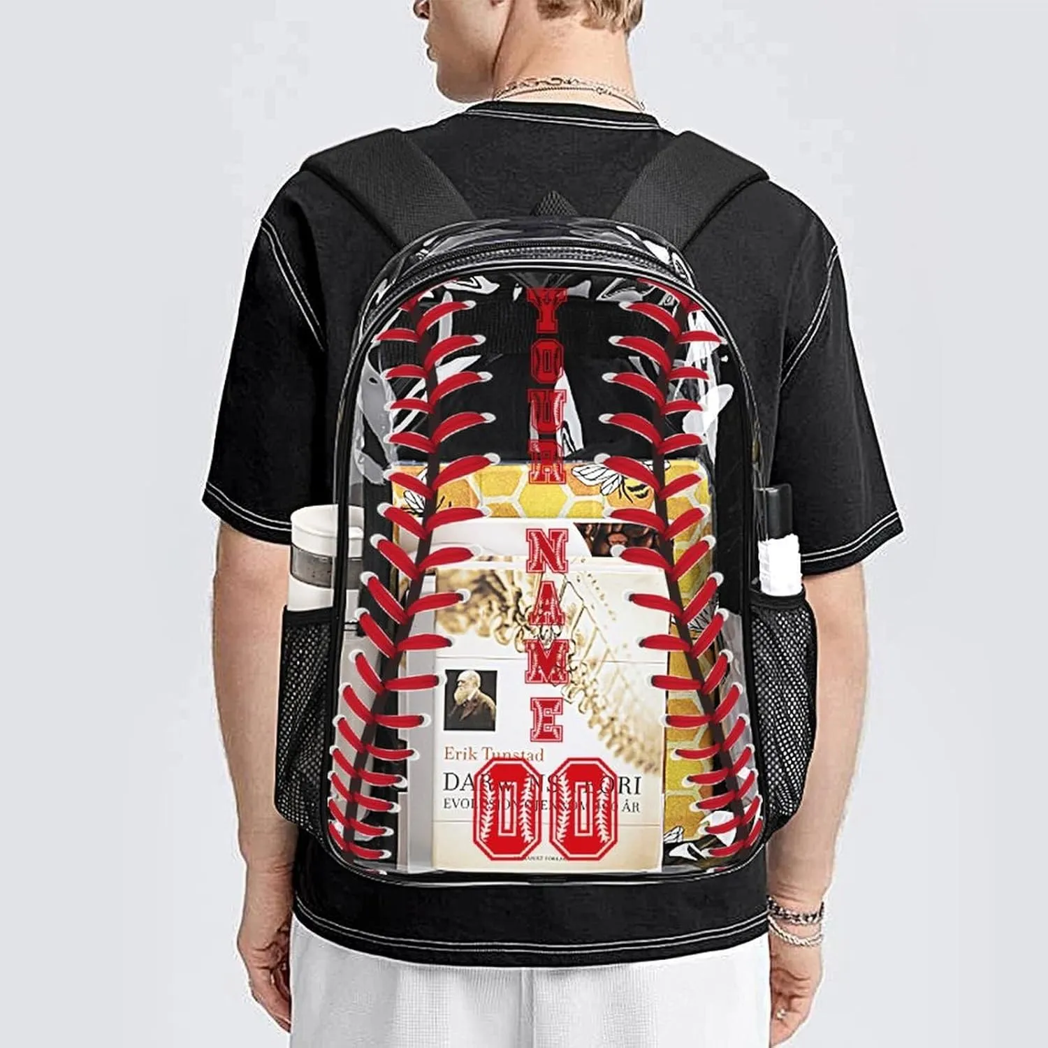 Custom Baseball Clear Backpack Heavy Duty for Girls Kids Boys Women Men - PVC Baseball Printing Transparent Backpack for Schools Stadium Concerts Work - Clear/Black