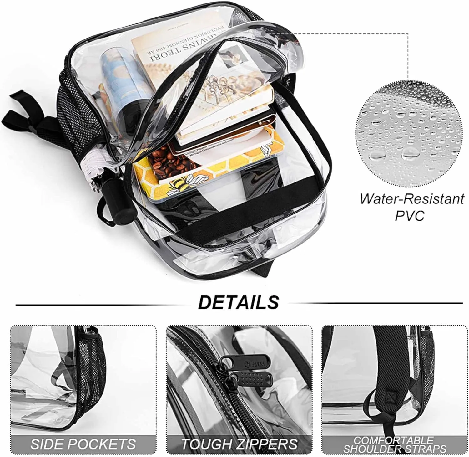 Custom Baseball Clear Backpack Heavy Duty for Girls Kids Boys Women Men - PVC Baseball Printing Transparent Backpack for Schools Stadium Concerts Work - Clear/Black