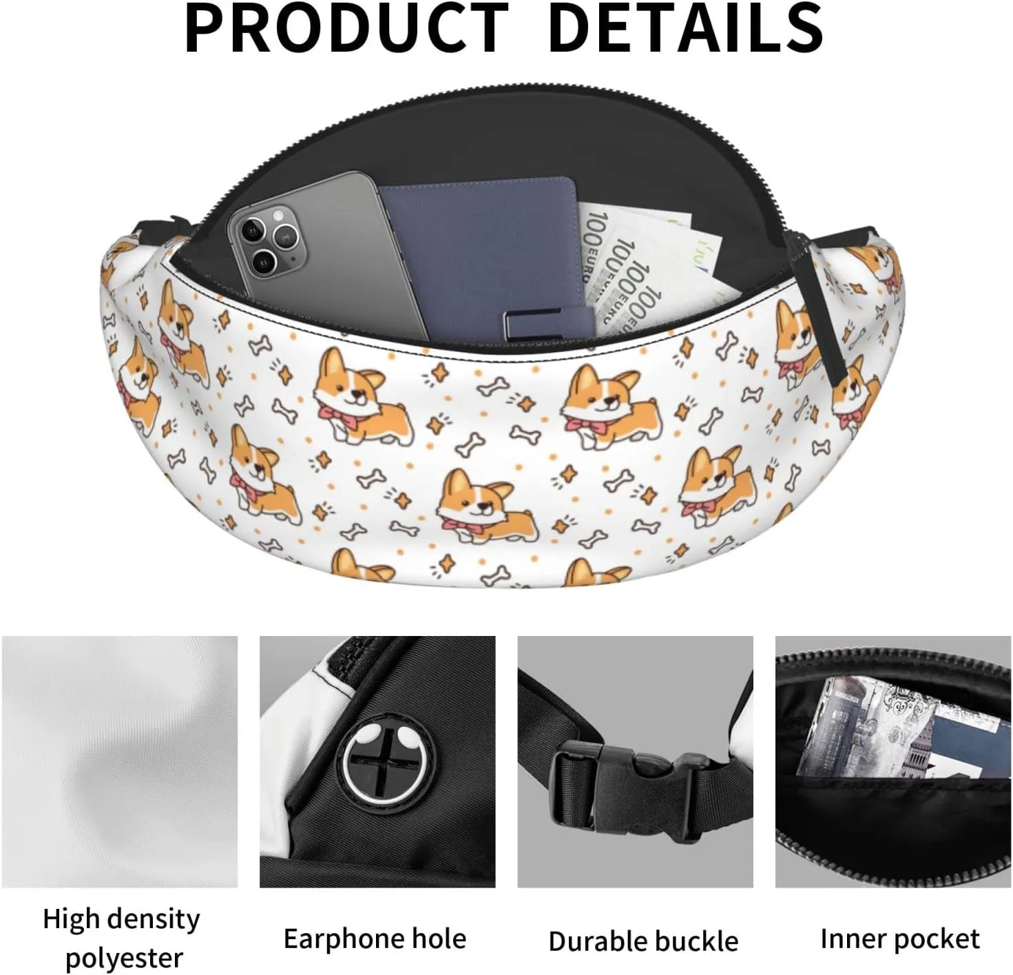 Cute Corgi Dog Fanny Packs For Women With Earphone Hole, Adjustable Belt Bag For Women, Waist Bag Cross Body Fanny Pack Chest Bag For Women Hiking Traveling Running