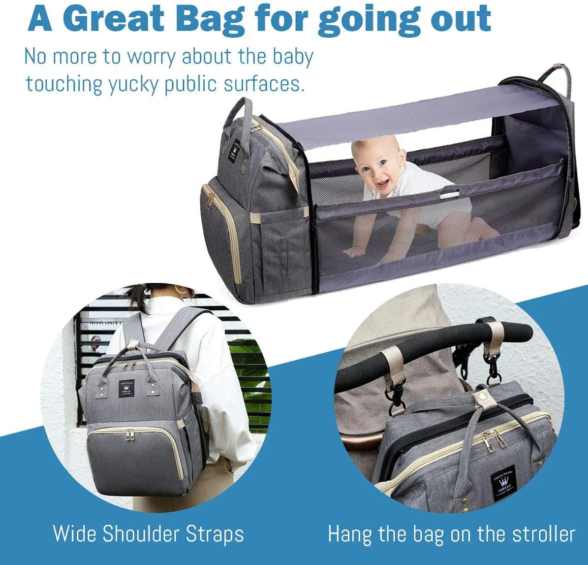 Diaper Bag Backpack with Changing Station, Nappy Baby Bags with Portable Changing Pad, 900D Waterproof Multi-Function Travel Portable Mommy Bag, Gray
