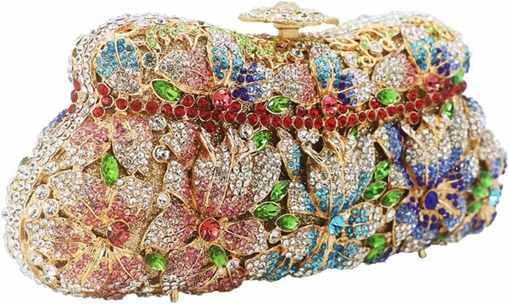 DJBM Vintage Women Floral Rhinestone Crystal Purse Rose Evening Clutch Diamond Evening Bags for Party Wedding Cocktail Prom