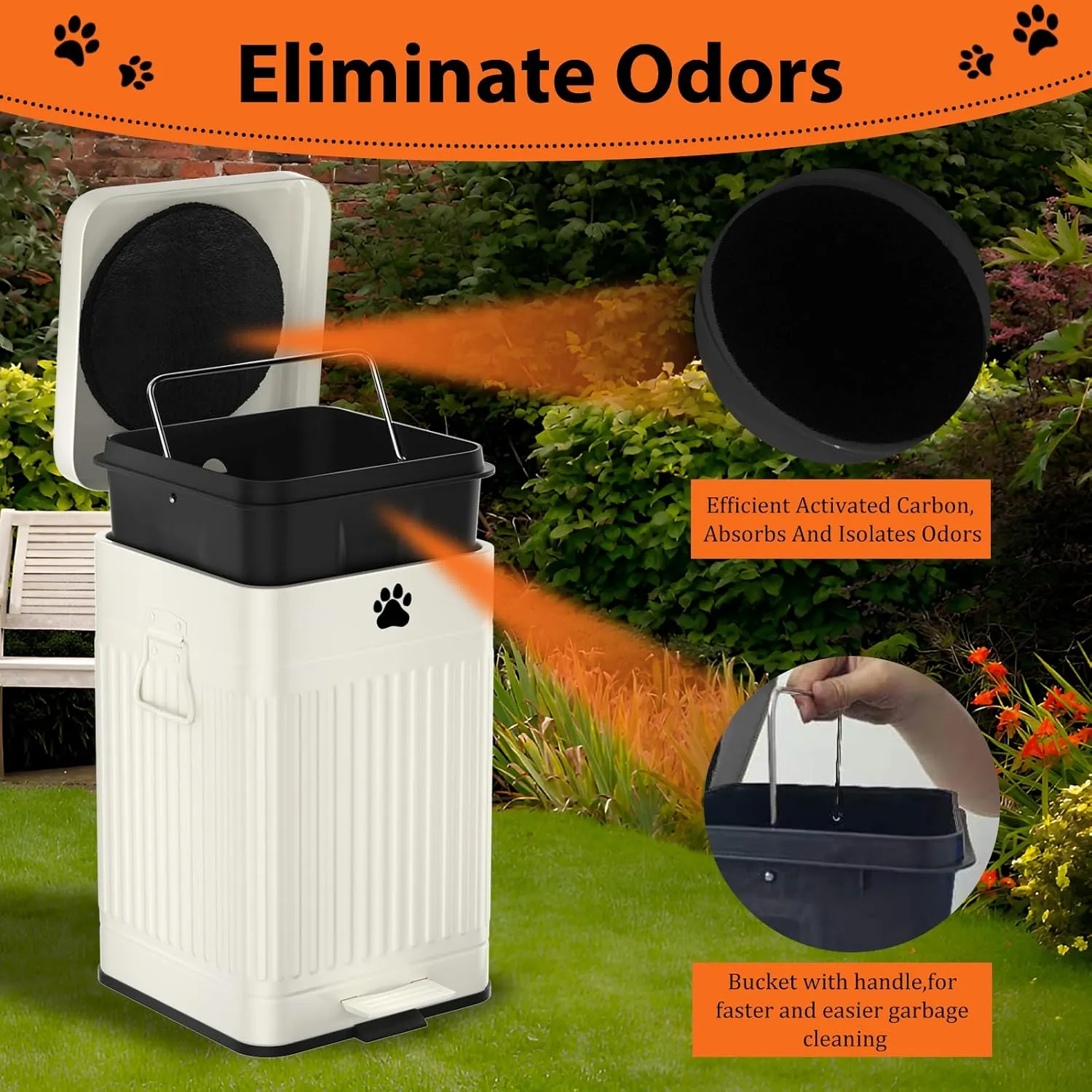 Dog Poop Trash Can Outside, 12L/3.1Gal Metal Dog Waste Trash Can with Lid, Foot Pedal, Dog Waste Container with Rake & Tray, Dog Poop Bucket with Lid Soft Close,40 Bags, Rectangular White