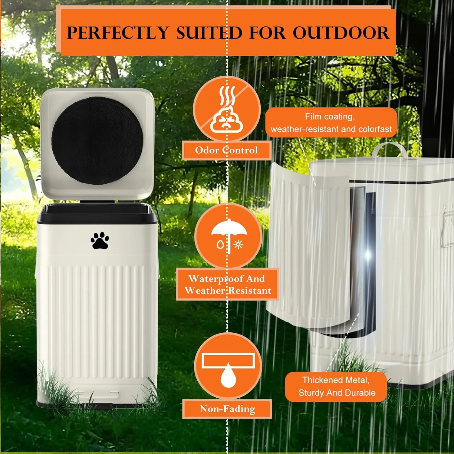 Dog Poop Trash Can Outside, 12L/3.1Gal Metal Dog Waste Trash Can with Lid, Foot Pedal, Dog Waste Container with Rake & Tray, Dog Poop Bucket with Lid Soft Close,40 Bags, Rectangular White