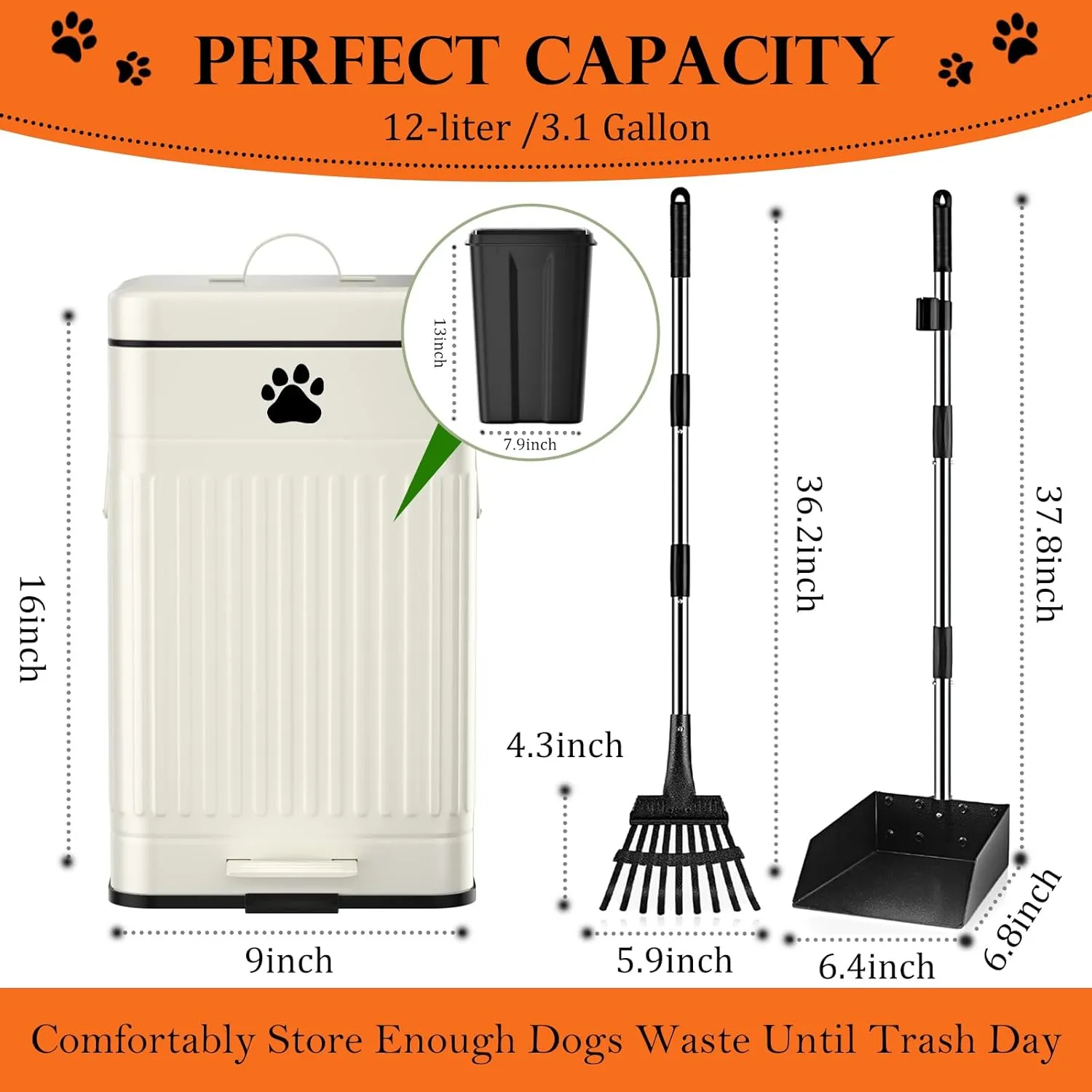 Dog Poop Trash Can Outside, 12L/3.1Gal Metal Dog Waste Trash Can with Lid, Foot Pedal, Dog Waste Container with Rake & Tray, Dog Poop Bucket with Lid Soft Close,40 Bags, Rectangular White