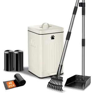 Dog Poop Trash Can Outside, 12L/3.1Gal Metal Dog Waste Trash Can with Lid, Foot Pedal, Dog Waste Container with Rake & Tray, Dog Poop Bucket with Lid Soft Close,40 Bags, Rectangular White