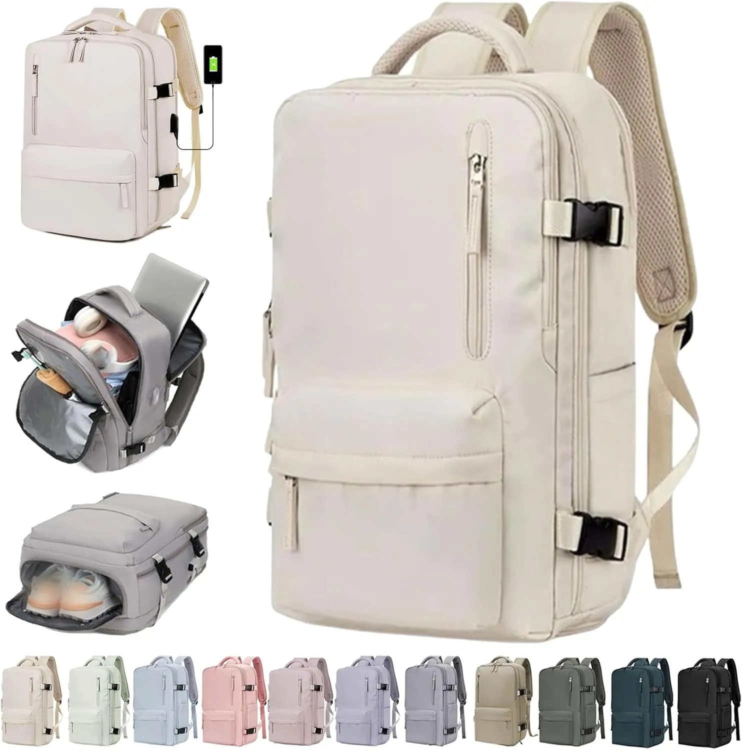 Easy Packer Travel Backpack, Easypacker Travel Backpack, 180 All-Open Design, Waterproof, with USB Charging (Beige)