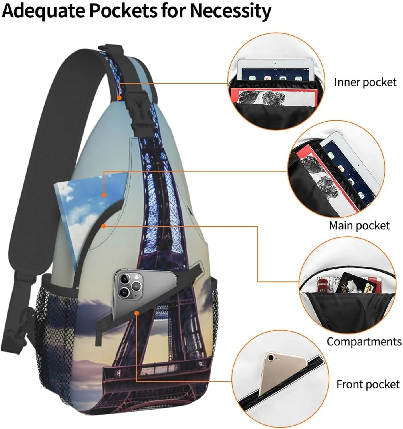 Eiffel Tower Shoulder Bag Crossbody Backpack Chest Bag Lightweight Sling Daypackstravel Hiking Cycling For Men Women