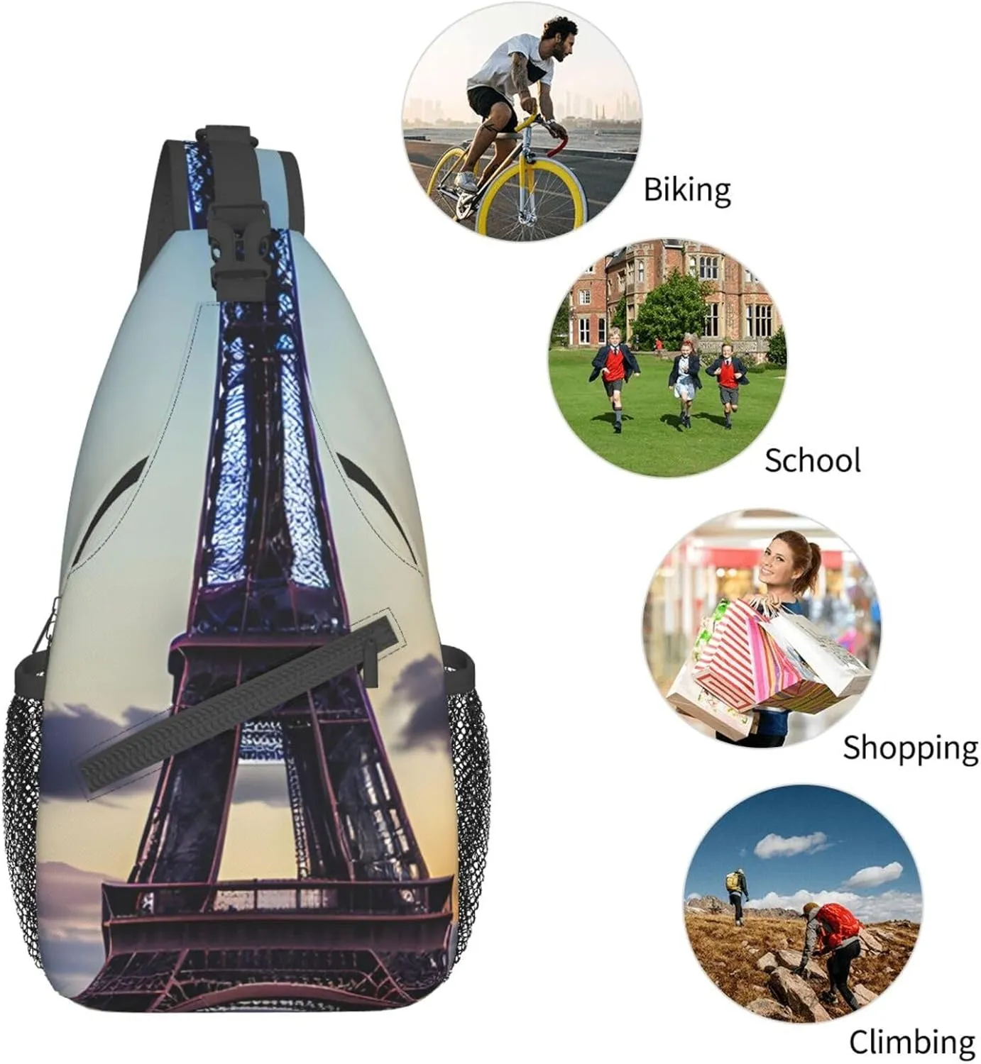 Eiffel Tower Shoulder Bag Crossbody Backpack Chest Bag Lightweight Sling Daypackstravel Hiking Cycling For Men Women