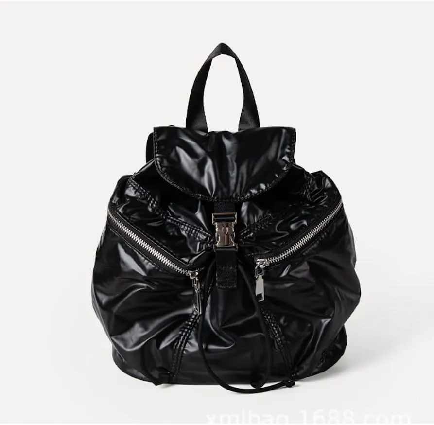 Glossy Leather Coquette Backpack Purse Women Solid Drawstring Bucket Backpack Y2K Stuff Balletcore Casual Daypack (Black)